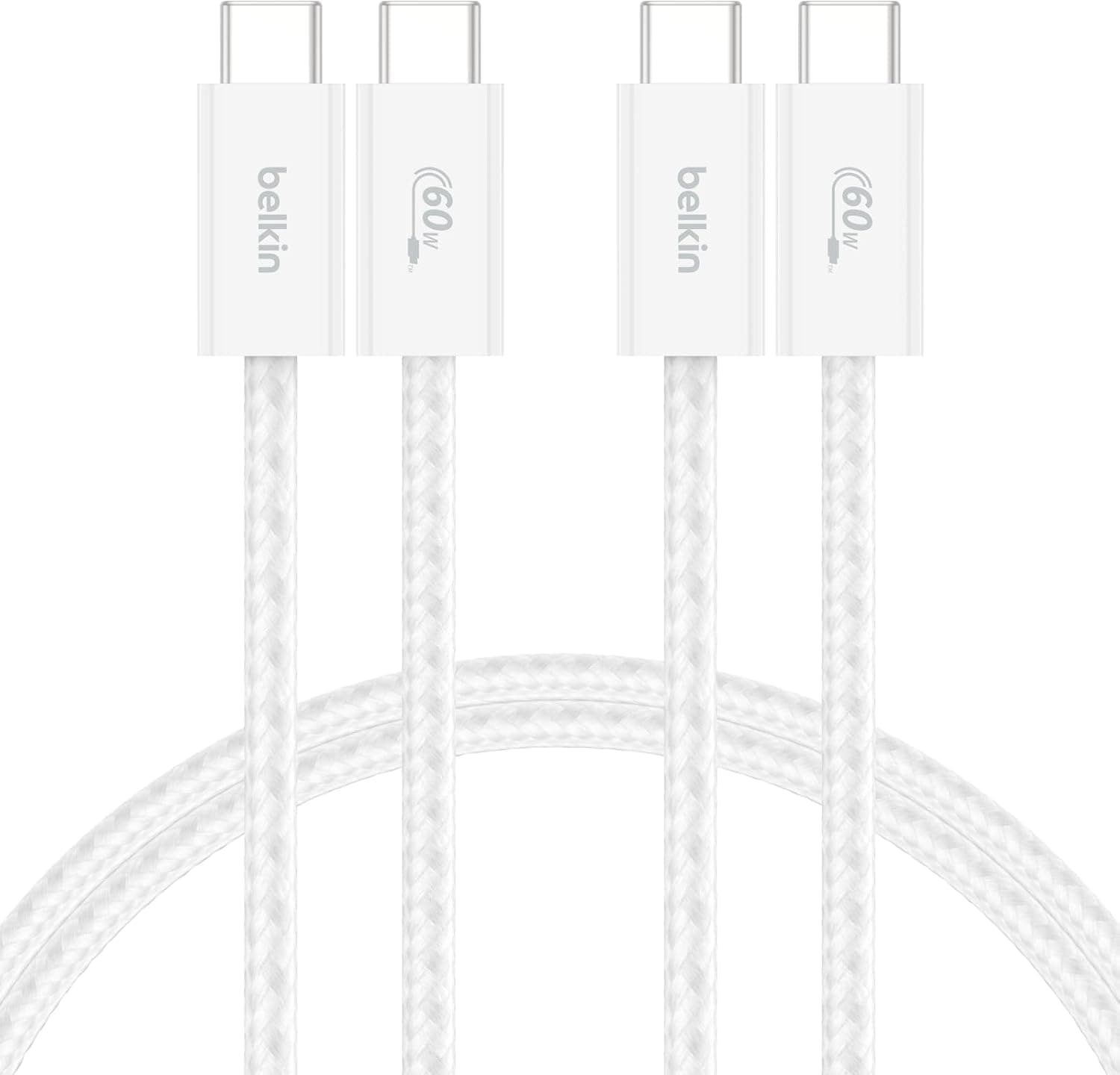 کابل شارژ USB-C به USB-C دوعددی Belkin با روکش بافتهشده، سفید، 1,5 m، 60 W کابل شارژ USB-C به USB-C دوعددی Belkin با روکش بافتهشده، سفید، 1,5 m، 60 W