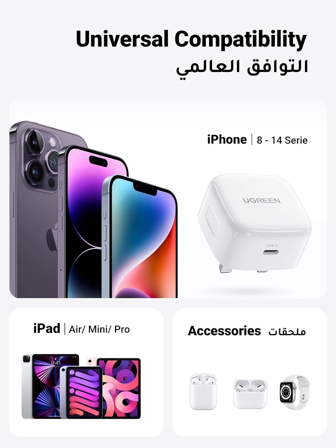 شارژر 20W UGREEN Type C با شارژ سریع PD و کابل Lightning 1M شارژر 20W UGREEN Type C با شارژ سریع PD و کابل Lightning 1M