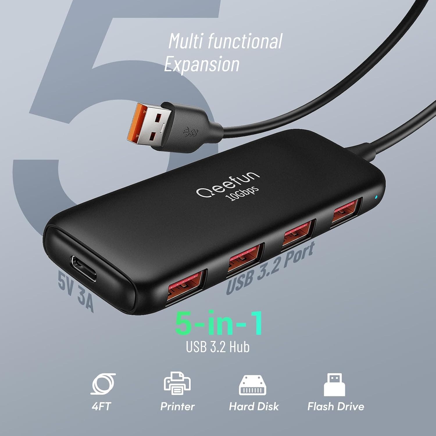 هاب USB Q QEEFUN با ۴ پورت داده USB-A، سرعت 10Gbps و کابل 4ft هاب USB Q QEEFUN با ۴ پورت داده USB-A، سرعت 10Gbps و کابل 4ft
