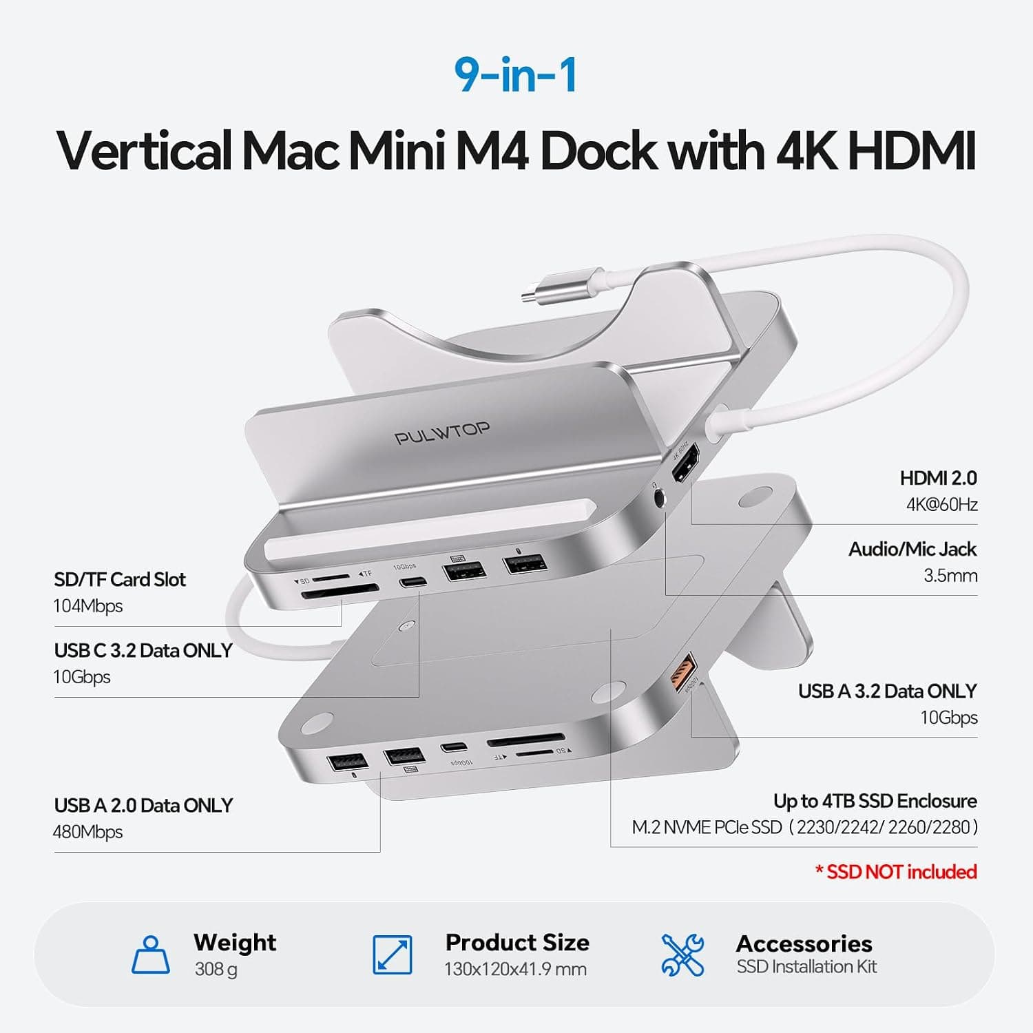 داک عمودی USB-C PULWTOP آلومینیومی با SSD M.2 4TB برای Mac mini M4 داک عمودی USB-C PULWTOP آلومینیومی با SSD M.2 4TB برای Mac mini M4