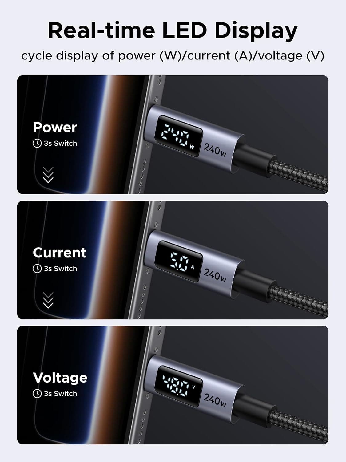 کابل UGREEN USB C نمایشگر دیجیتال 240W شارژ سریع 2 متری کابل UGREEN USB C نمایشگر دیجیتال 240W شارژ سریع 2 متری