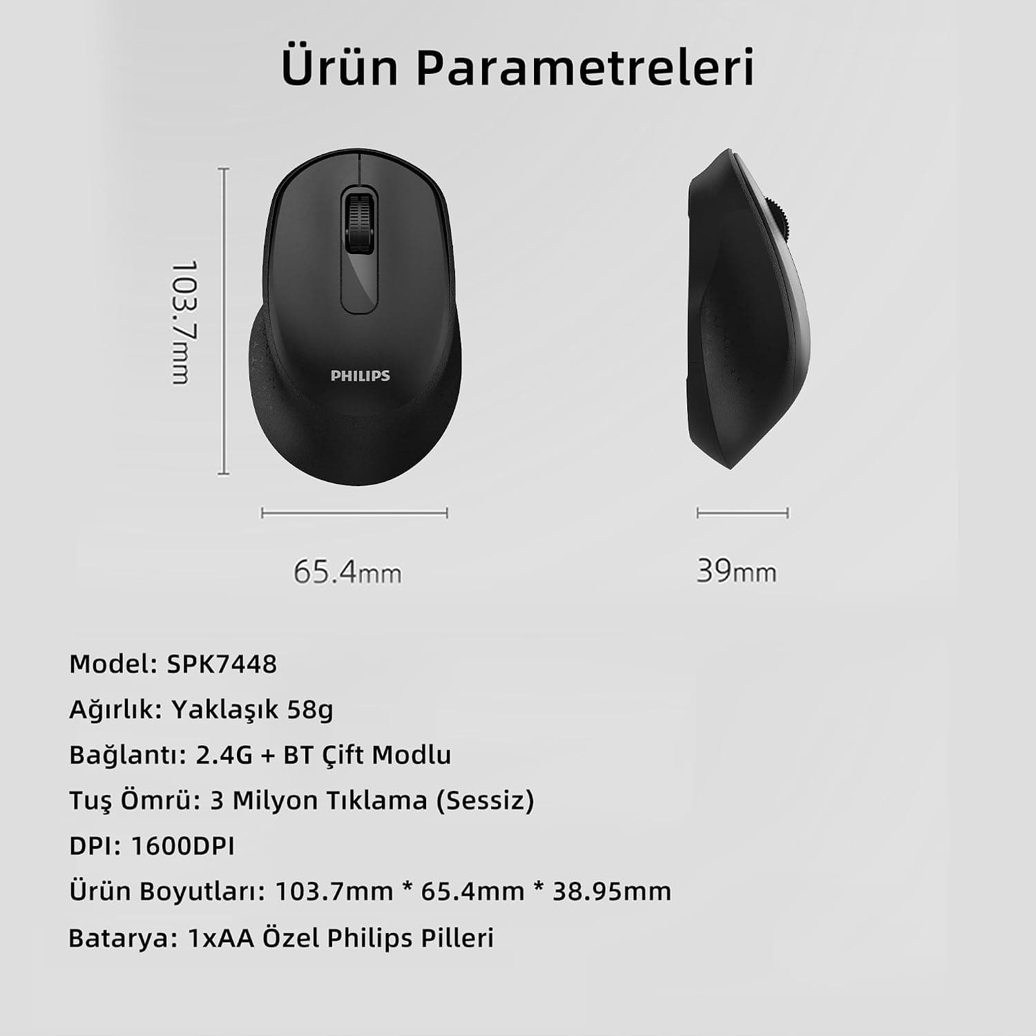 ماوس بیسیم اپتیکال بیصدا PHILIPS با Bluetooth 5.2 و 2.4GHz و 1600DPI مشکی مدل SPK7448 ماوس بیسیم اپتیکال بیصدا PHILIPS با Bluetooth 5.2 و 2.4GHz و 1600DPI مشکی مدل SPK7448