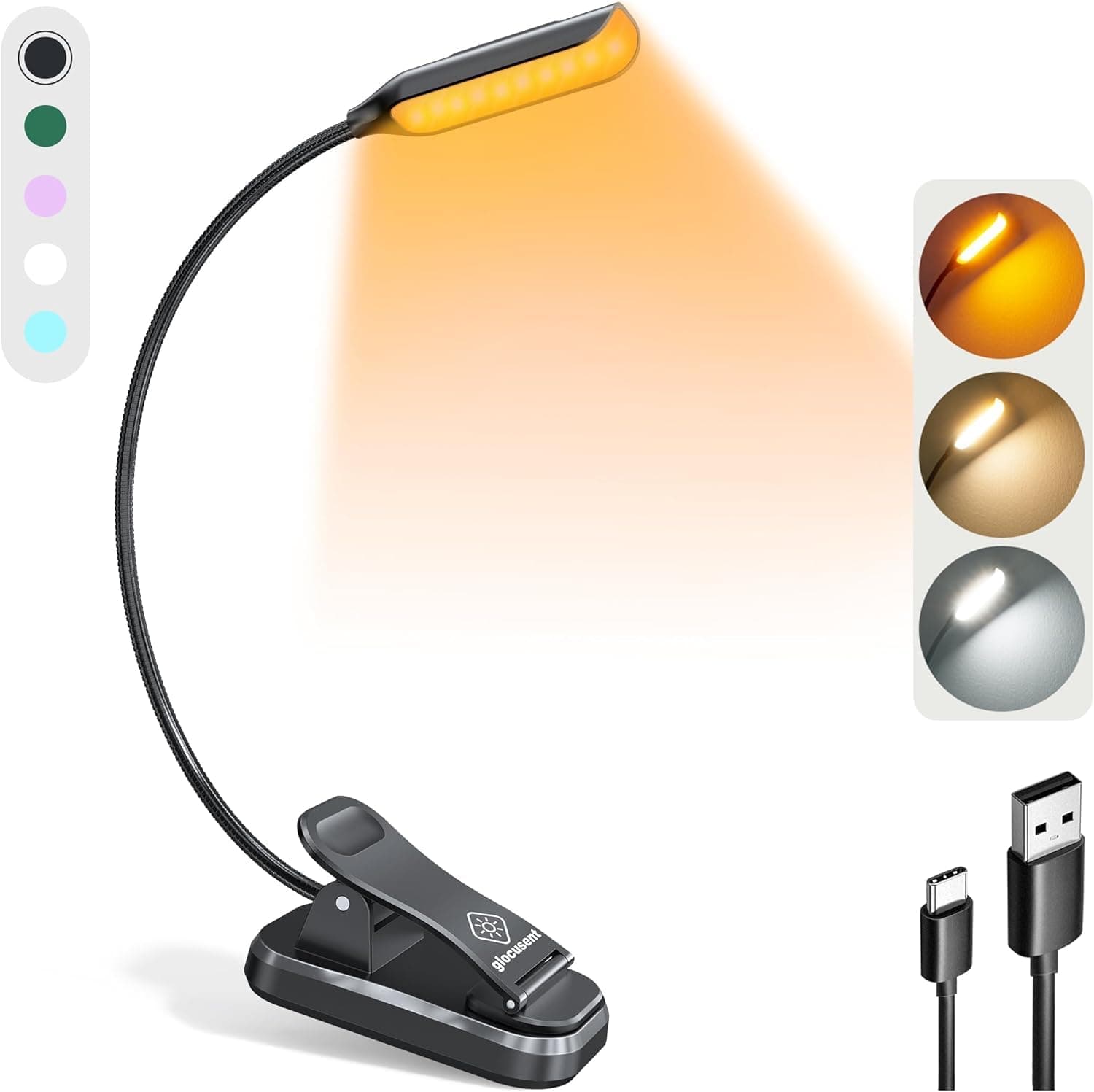 چراغ کتابخوانی گیرهای Glocusent مشکی، 10LED، 3 رنگ نور و 3 سطح روشنایی، شارژی با دوام 80 ساعت چراغ کتابخوانی گیرهای Glocusent مشکی، 10LED، 3 رنگ نور و 3 سطح روشنایی، شارژی با دوام 80 ساعت