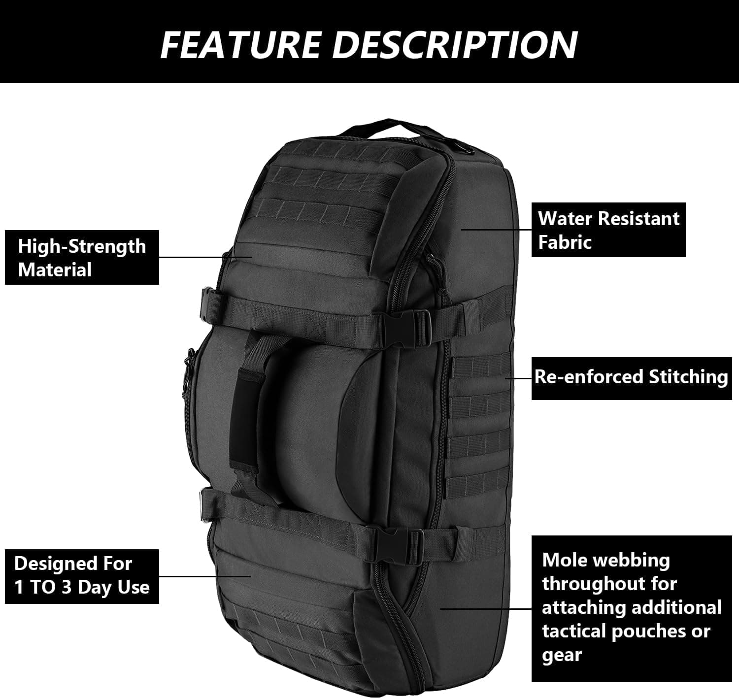 ساک دافل بزرگ 65L سهکاره Hannibal Tactical با کولهپشتی MOLLE مشکی ساک دافل بزرگ 65L سهکاره Hannibal Tactical با کولهپشتی MOLLE مشکی