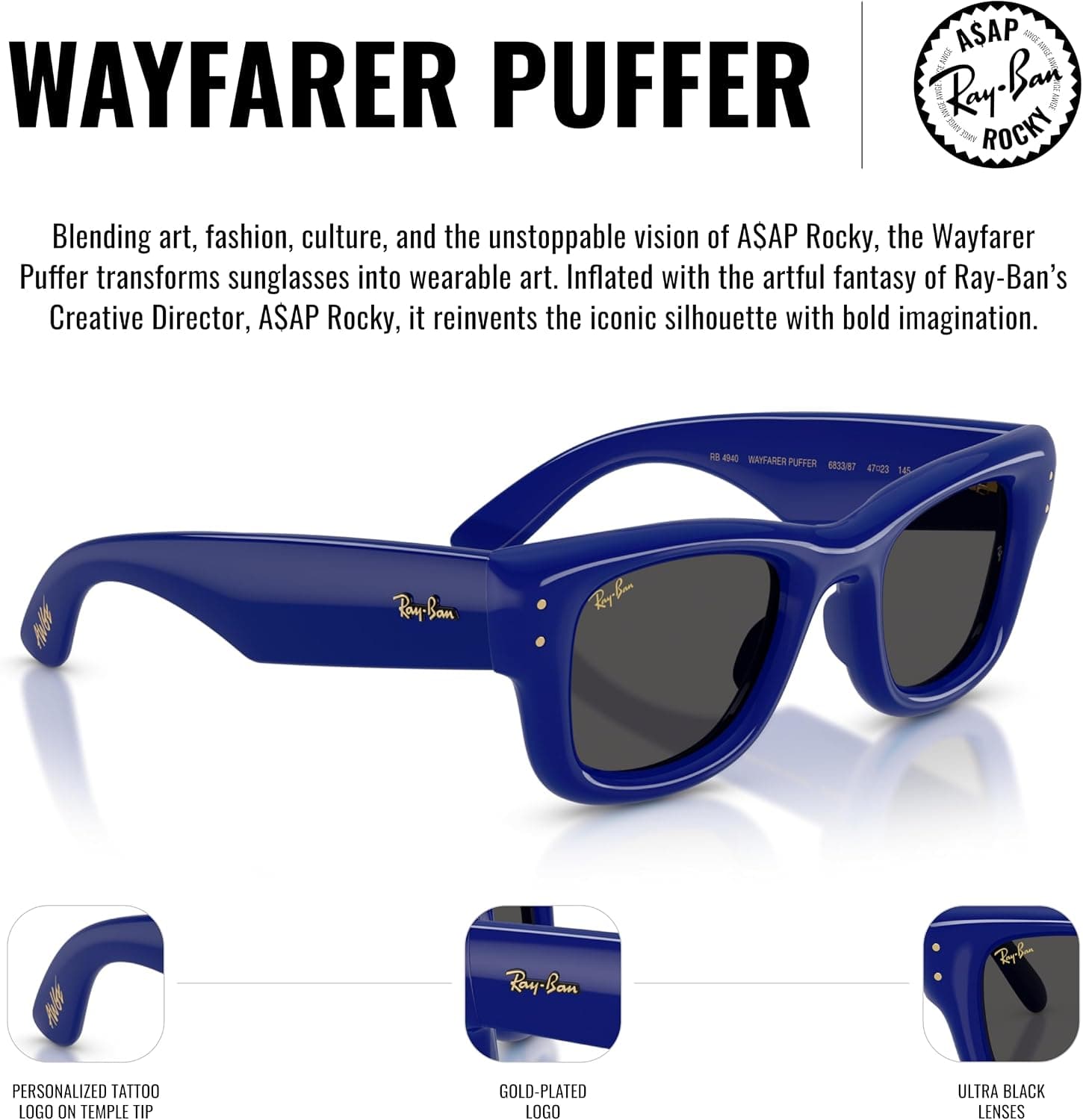 عینک آفتابی مربعی Ray-Ban مجموعه Wayfarer Puffer Blacked Out A$ ap Rocky مدل Rb4940 عینک آفتابی مربعی Ray-Ban مجموعه Wayfarer Puffer Blacked Out A$ ap Rocky مدل Rb4940