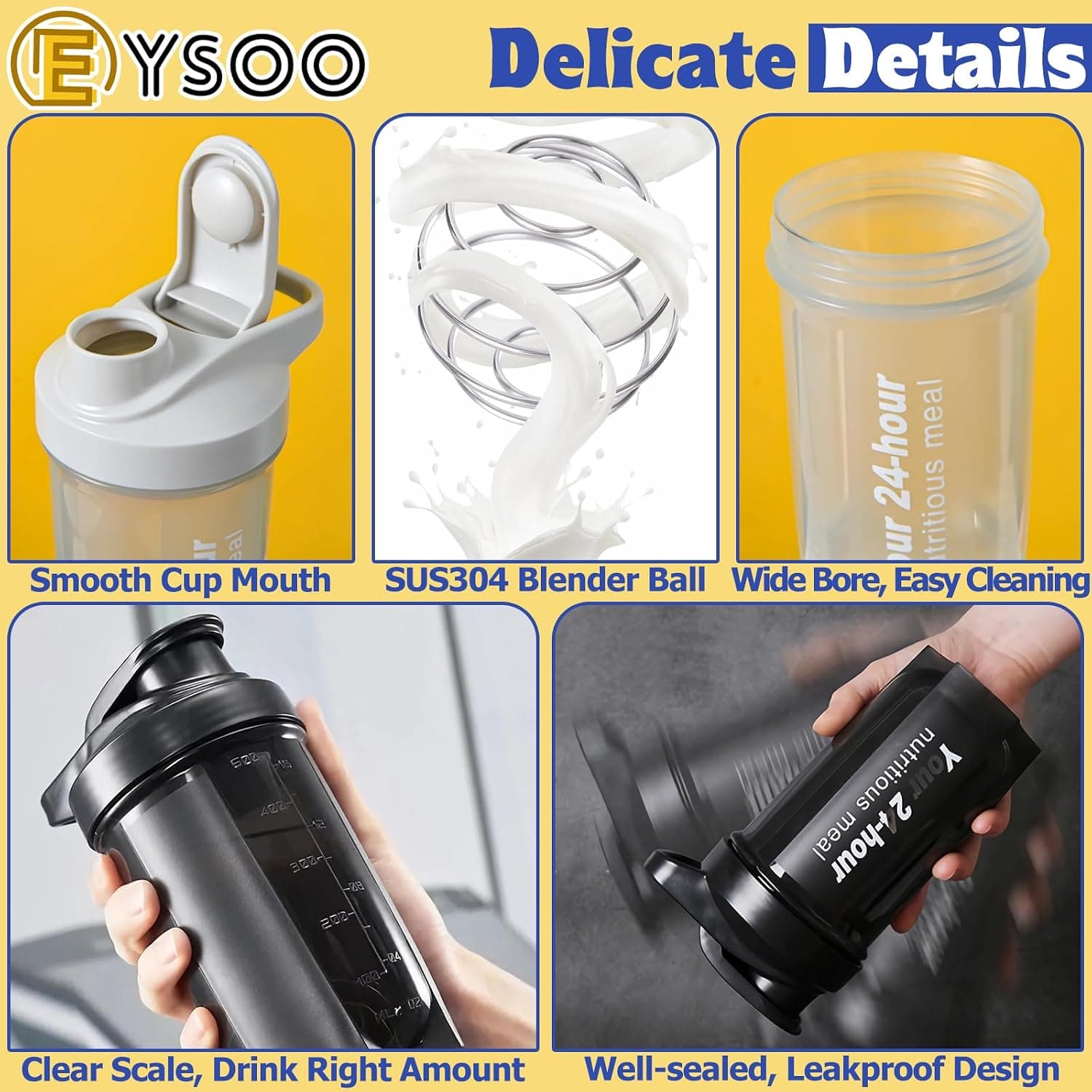 شیکر پروتئین ۲ عددی EYSOO ضدنشت بدون BPA، 500ml / 17oz مشکی و خاکستری شیکر پروتئین ۲ عددی EYSOO ضدنشت بدون BPA، 500ml / 17oz مشکی و خاکستری