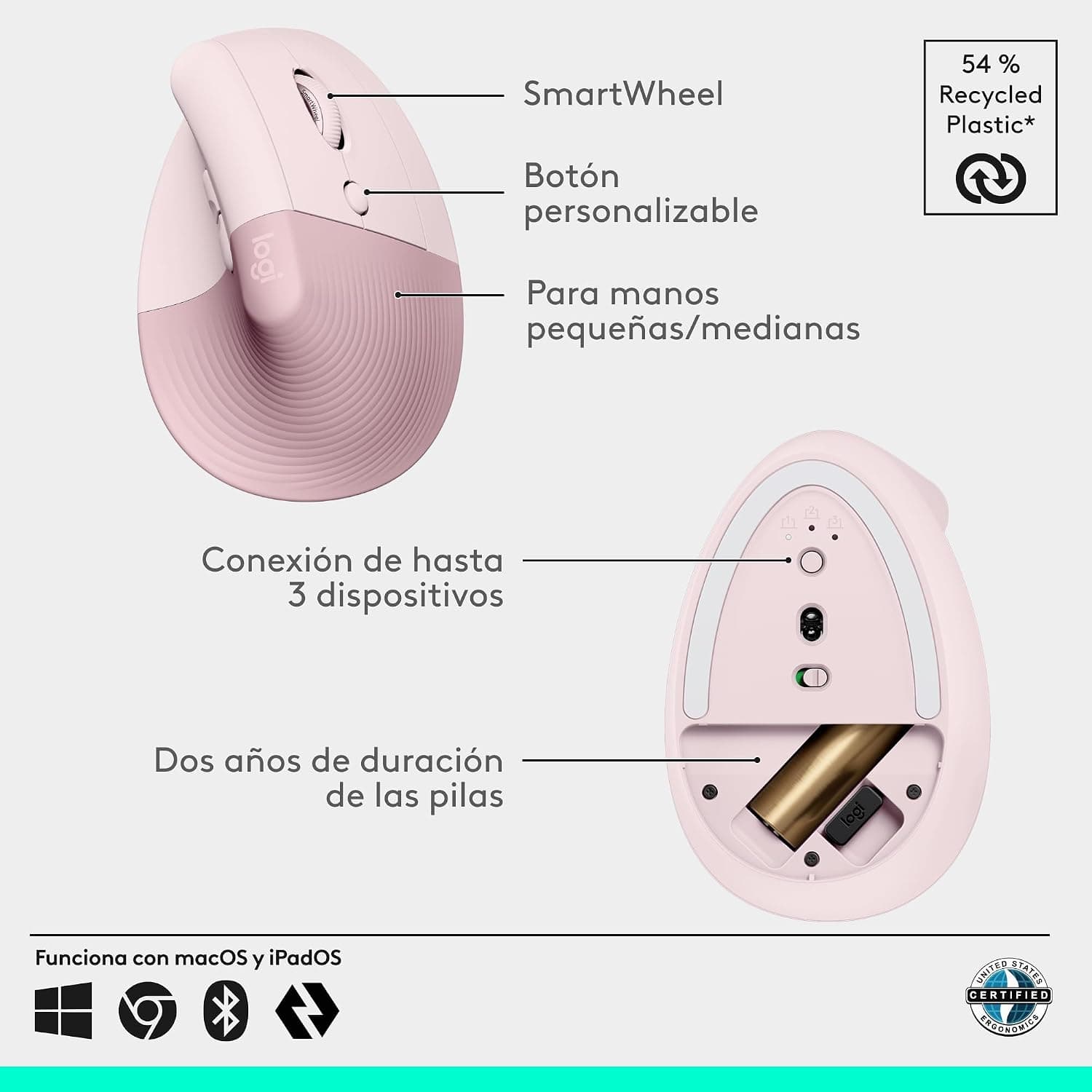 ماوس ارگونومیک عمودی Logitech بیسیم مدل Lift صورتی ماوس ارگونومیک عمودی Logitech بیسیم مدل Lift صورتی