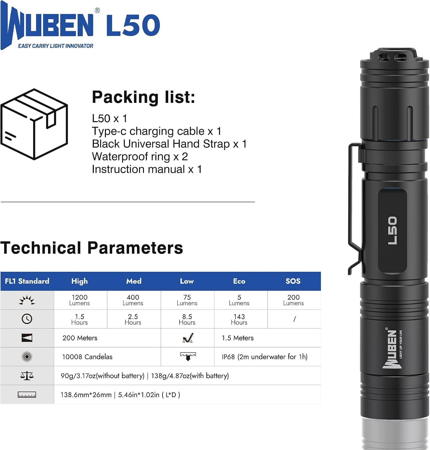 چراغقوه شارژی WUBEN LED با نور 1200 لومن ضدآب IP68 مدل L50 چراغقوه شارژی WUBEN LED با نور 1200 لومن ضدآب IP68 مدل L50