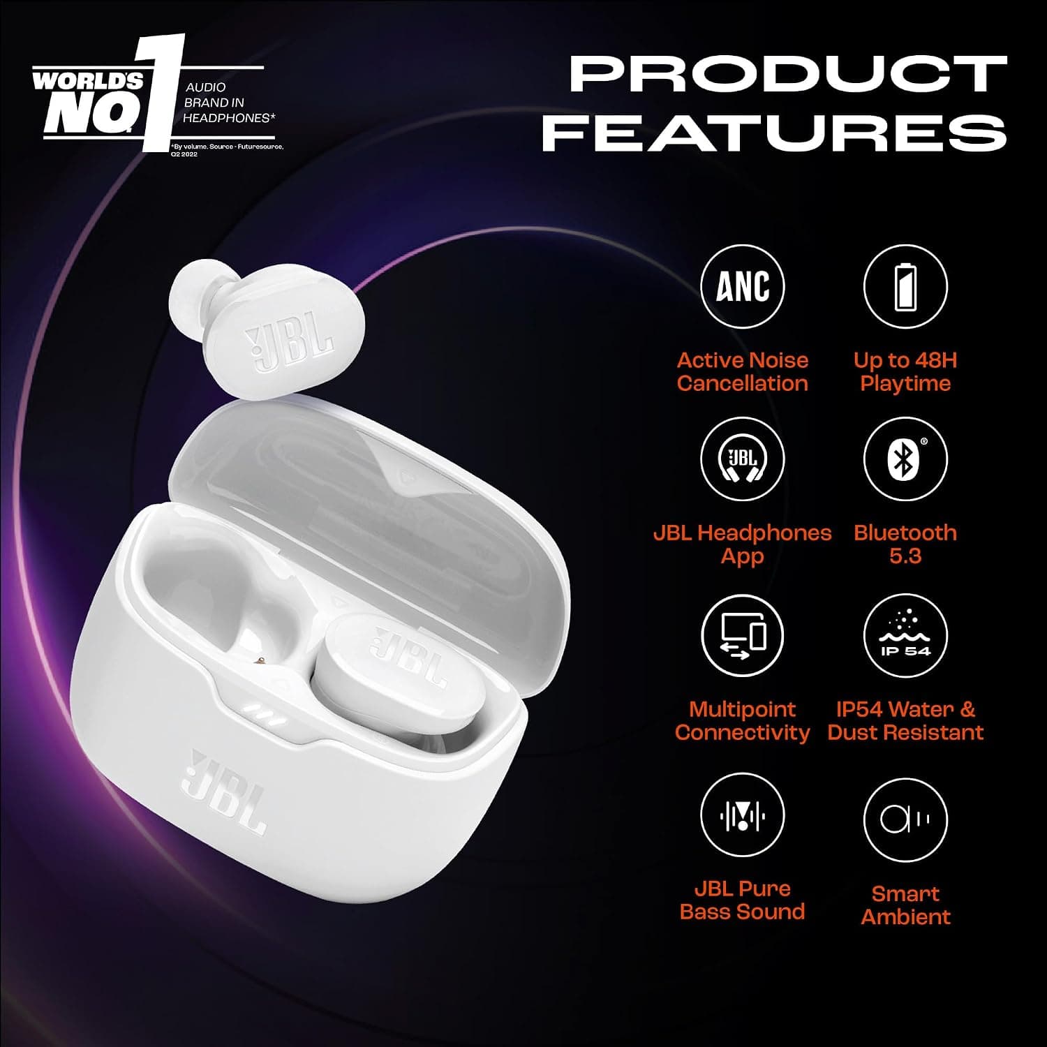ایرباد بیسیم JBL Tune Buds با کاهش نویز، Bluetooth 5.3، تا 48 ساعت شارژدهی، شارژ سریع، سفید ایرباد بیسیم JBL Tune Buds با کاهش نویز، Bluetooth 5.3، تا 48 ساعت شارژدهی، شارژ سریع، سفید