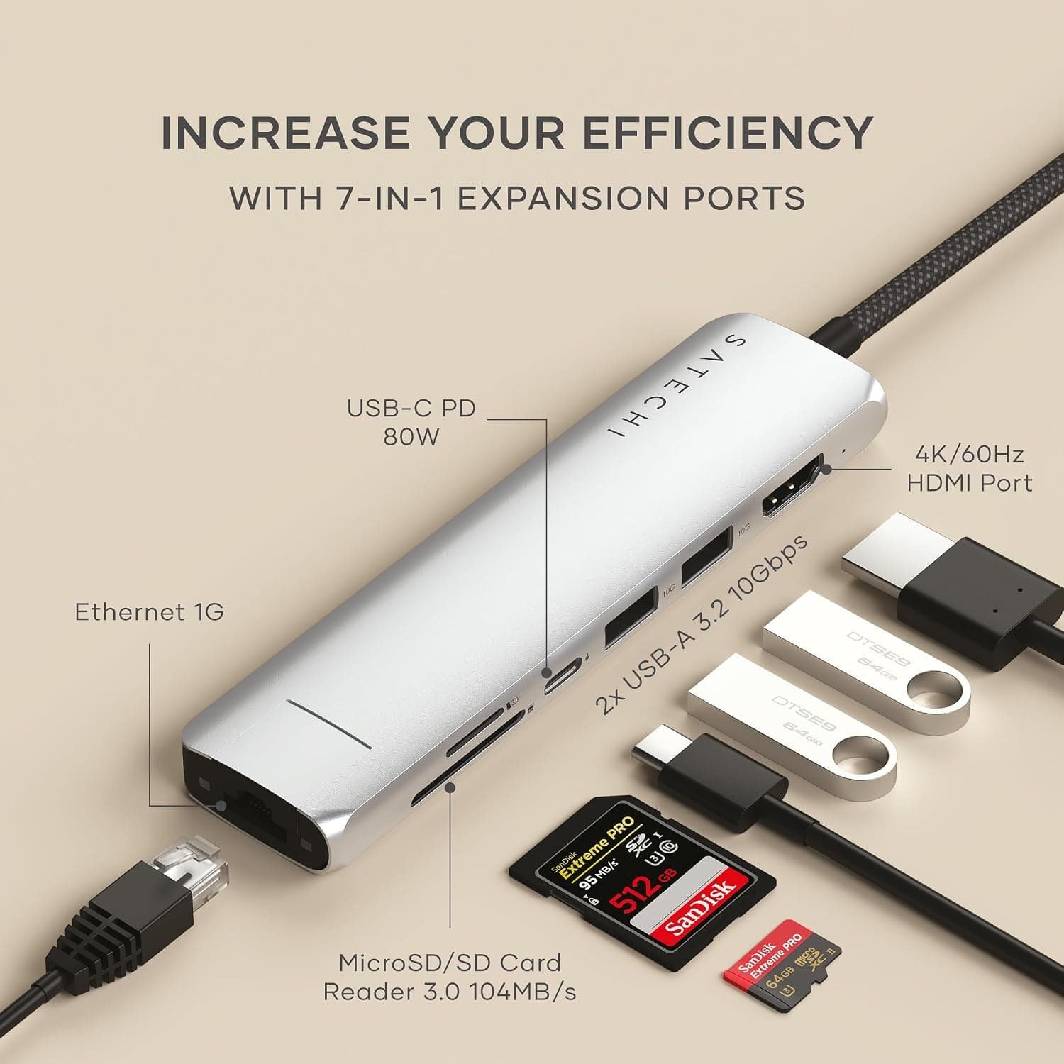 هاب USB-C هفتپورت Satechi با اترنت، HDMI مدل 4K@60Hz، نقرهای هاب USB-C هفتپورت Satechi با اترنت، HDMI مدل 4K@60Hz، نقرهای