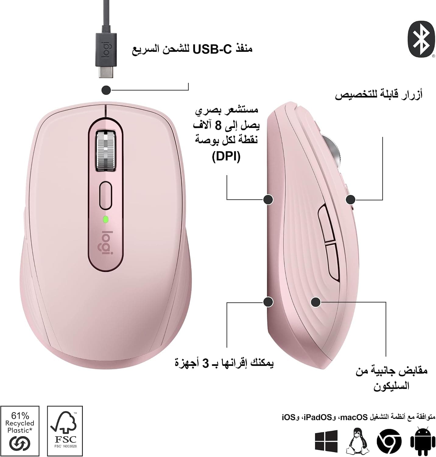 ماوس بیسیم سایلنت و کامپکت Logitech با سنسور 8.000 DPI، مدل MX Anywhere 3S، صورتی ماوس بیسیم سایلنت و کامپکت Logitech با سنسور 8.000 DPI، مدل MX Anywhere 3S، صورتی