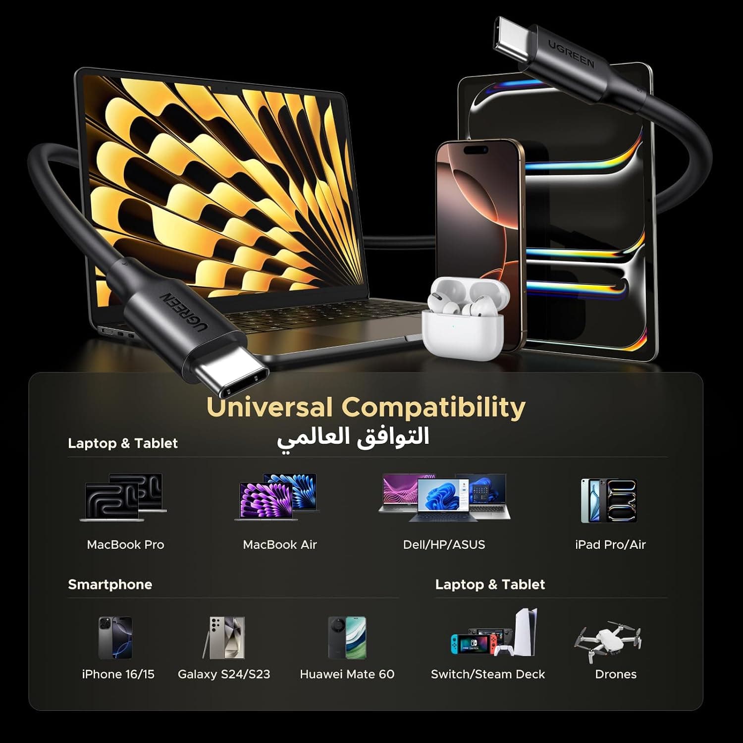 کابل Type C UGREEN شارژ سریع 100W 1M کابل Type C UGREEN شارژ سریع 100W 1M