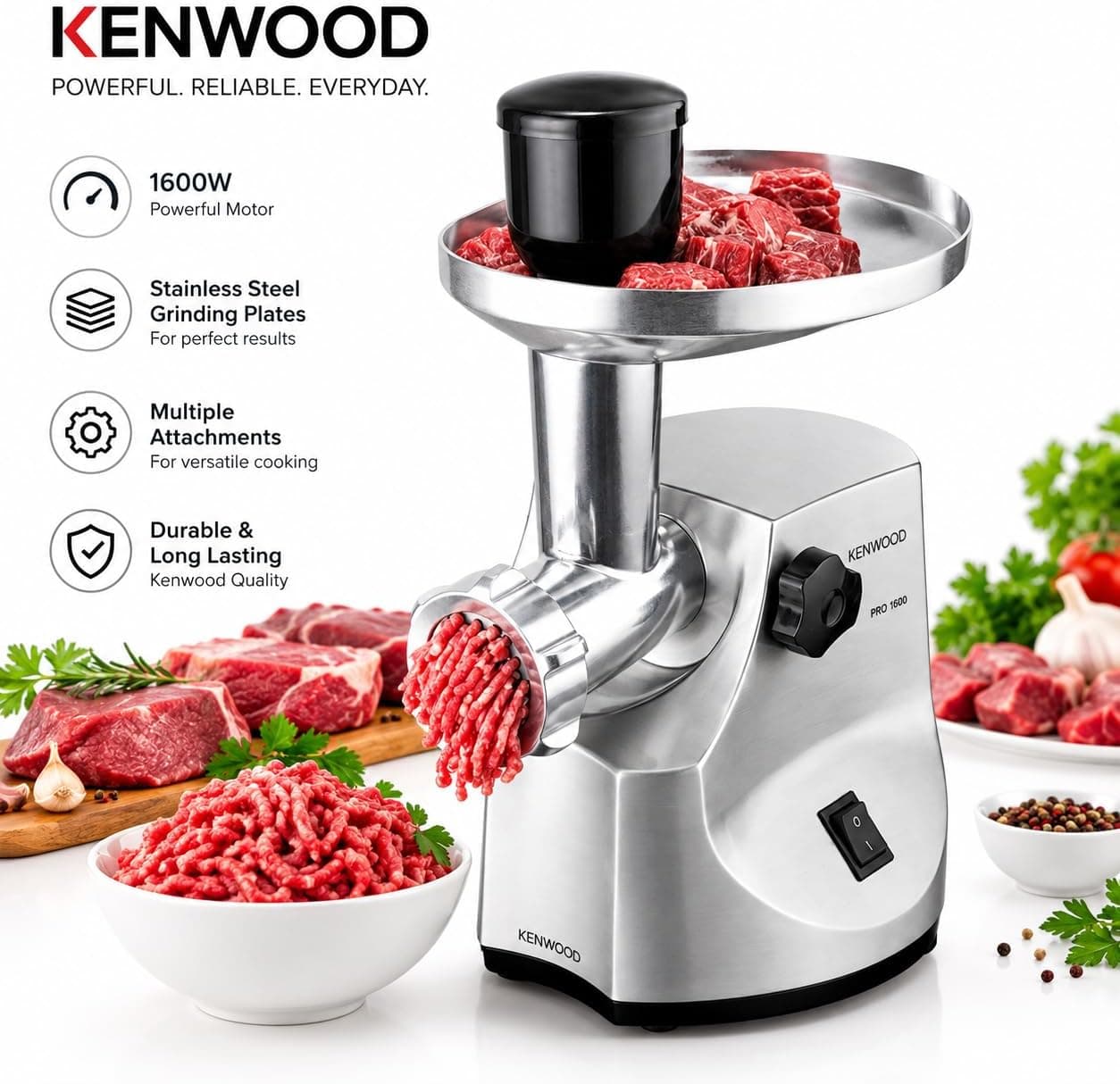 چرخ گوشت Kenwood با توان 1600W بدنه فلزی مدل MG510 نقرهای چرخ گوشت Kenwood با توان 1600W بدنه فلزی مدل MG510 نقرهای