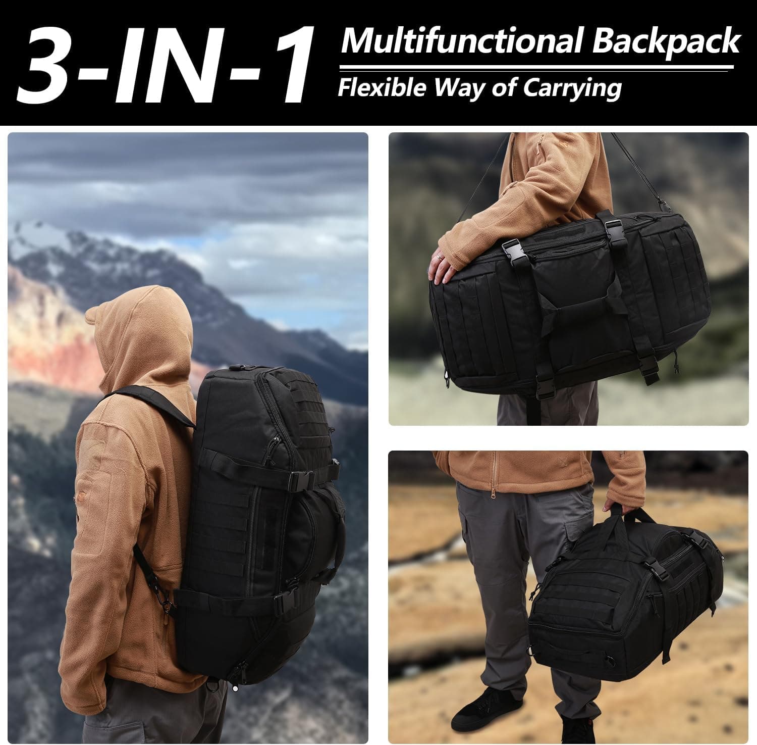 ساک دافل بزرگ 65L سهکاره Hannibal Tactical با کولهپشتی MOLLE مشکی ساک دافل بزرگ 65L سهکاره Hannibal Tactical با کولهپشتی MOLLE مشکی