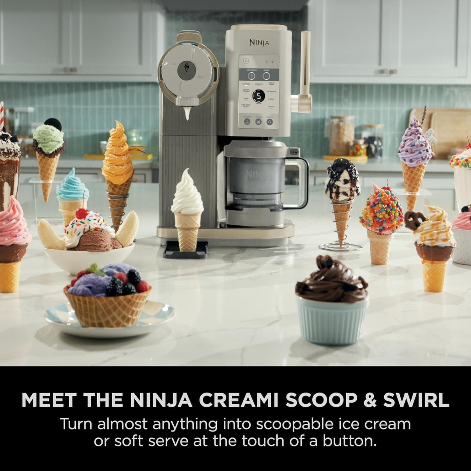 دستگاه بستنیساز NINJA CREAMi Scoop and Swirl دو ظرف ۱۳ عملکرد رنگ طلایی سنگی مدل NC701UKSTGD دستگاه بستنیساز NINJA CREAMi Scoop and Swirl دو ظرف ۱۳ عملکرد رنگ طلایی سنگی مدل NC701UKSTGD