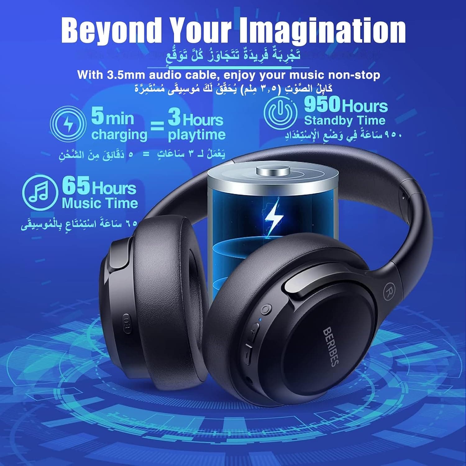 هدفون بلوتوثی روگوشی BERIBES با 65H پخش، میکروفون، 6 حالت EQ و صدای استریو HiFi هدفون بلوتوثی روگوشی BERIBES با 65H پخش، میکروفون، 6 حالت EQ و صدای استریو HiFi