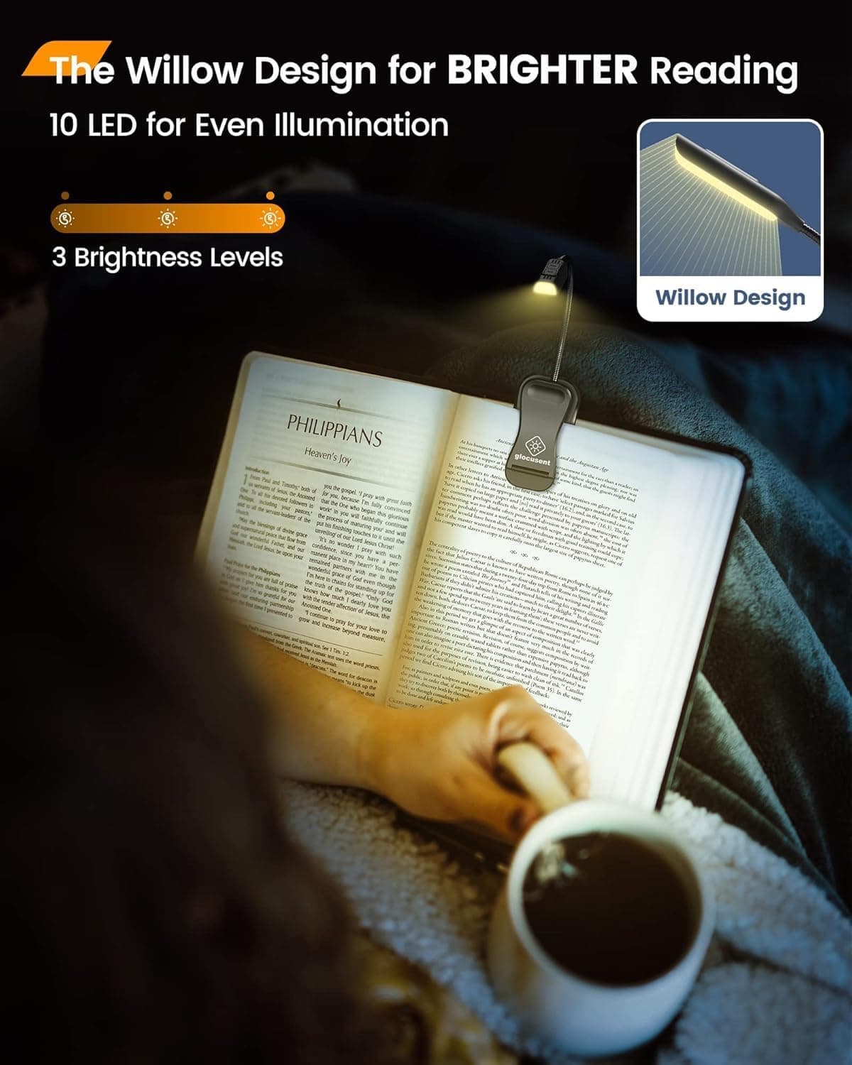 چراغ کتابخوانی گیرهای Glocusent مشکی، 10LED، 3 رنگ نور و 3 سطح روشنایی، شارژی با دوام 80 ساعت چراغ کتابخوانی گیرهای Glocusent مشکی، 10LED، 3 رنگ نور و 3 سطح روشنایی، شارژی با دوام 80 ساعت