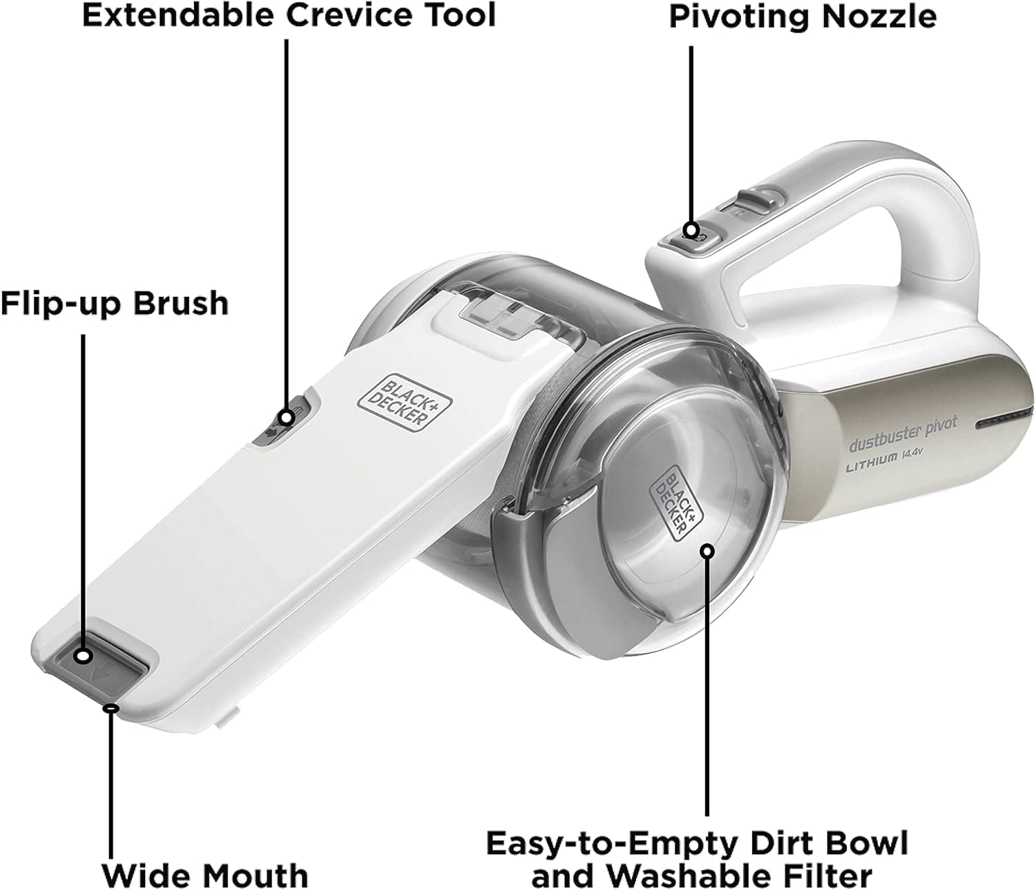 جاروبرقی دستی شارژی BLACK+DECKER با نازل قابل چرخش 21.6Wh برای خانه و خودرو، شامپاینی/سفید مدل PV1420L-B5 جاروبرقی دستی شارژی BLACK+DECKER با نازل قابل چرخش 21.6Wh برای خانه و خودرو، شامپاینی/سفید مدل PV1420L-B5