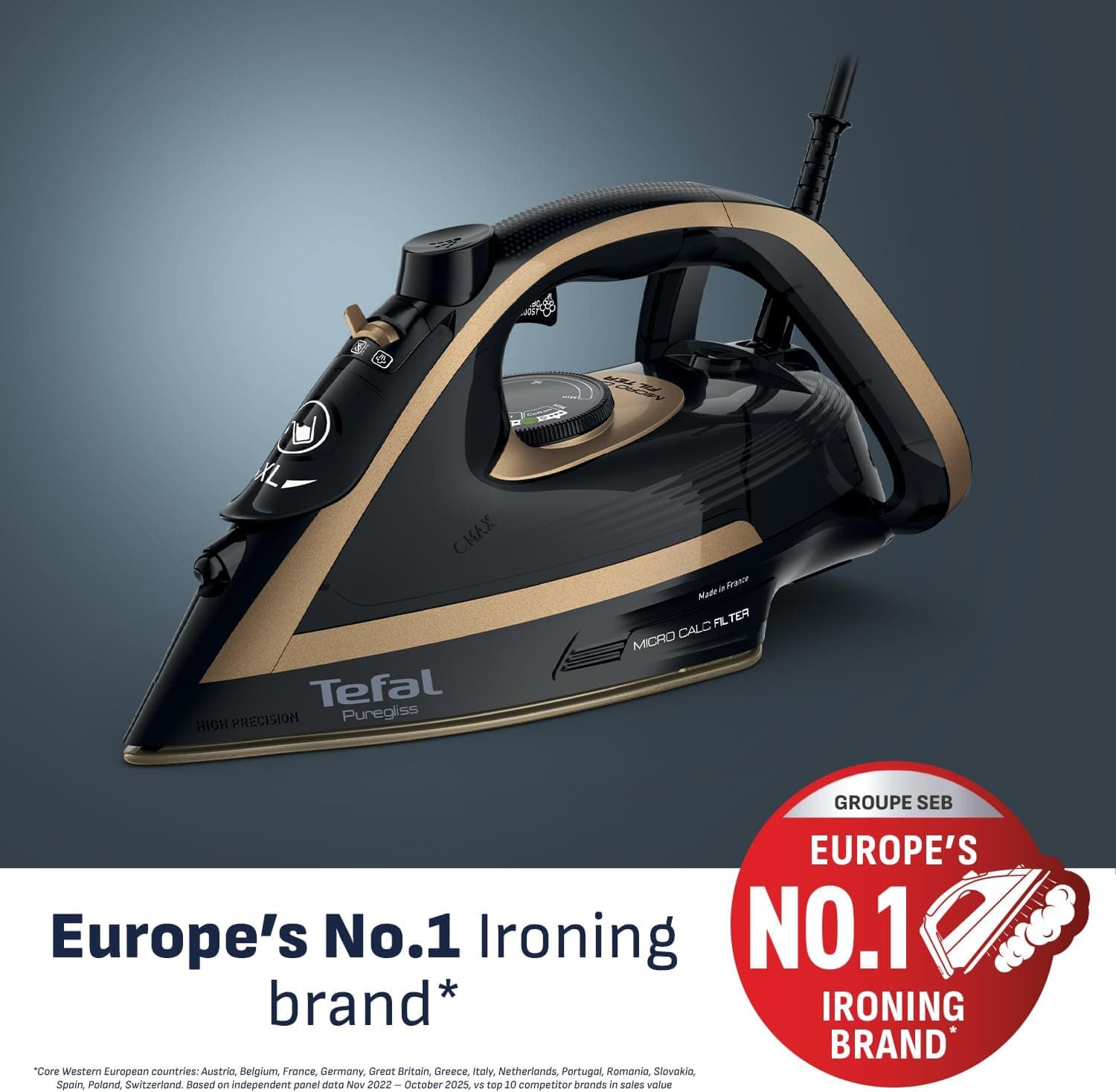 اتو بخار Tefal Puregliss با توان 3000 وات، بخار لحظهای 280 گرم/دقیقه، بخار متغیر 0 تا 50 گرم/دقیقه، بخار عمودی، کفی Durilium AirGlide Autoclean، فیلتر Micro-Calc، مشکی/طلایی مدل FV8064 اتو بخار Tefal Puregliss با توان 3000 وات، بخار لحظهای 280 گرم/دقیقه، بخار متغیر 0 تا 50 گرم/دقیقه، بخار عمودی، کفی Durilium AirGlide Autoclean، فیلتر Micro-Calc، مشکی/طلایی مدل FV8064