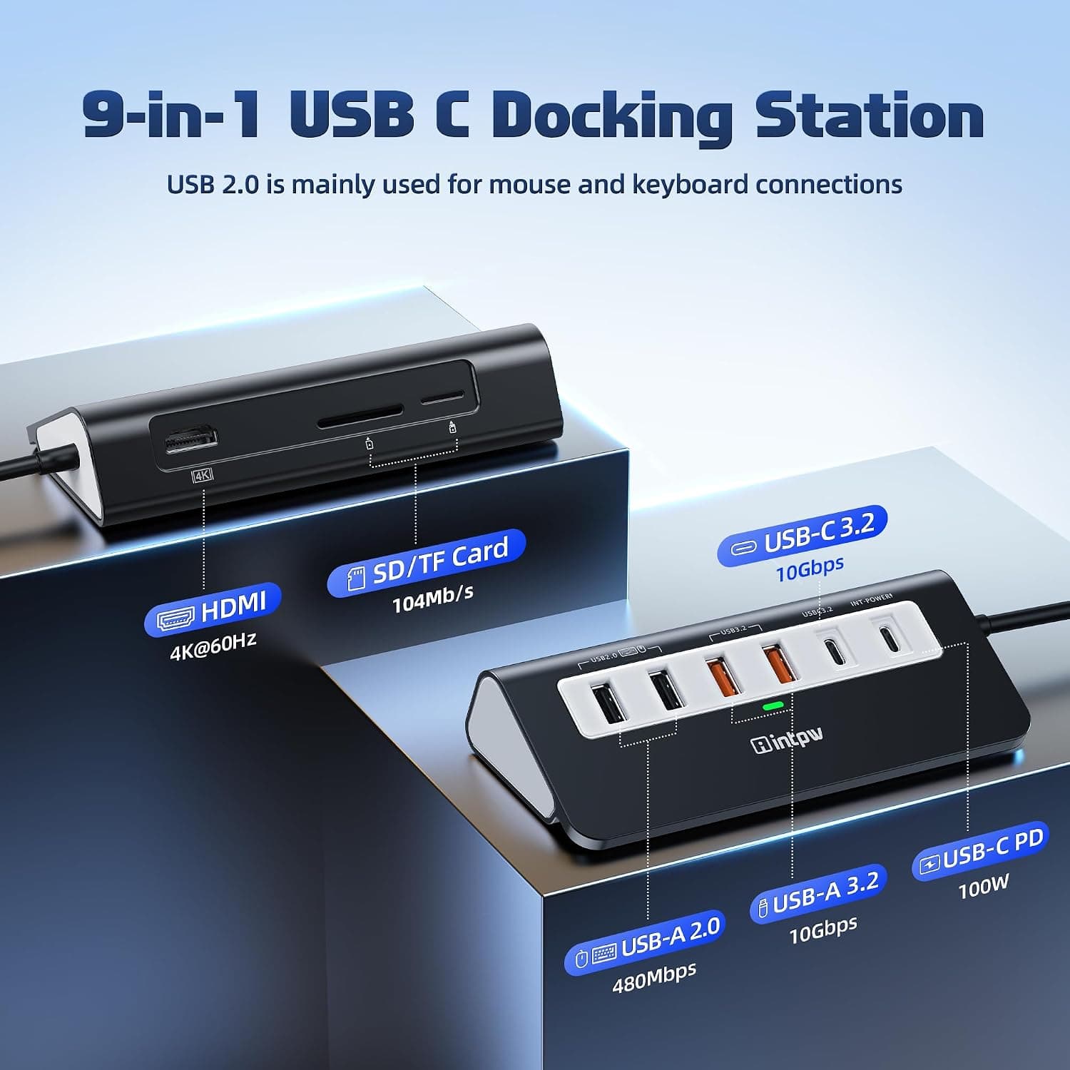 هاب USB-C intpw 9 در 1 با HDMI 4K@60Hz و PD 100W هاب USB-C intpw 9 در 1 با HDMI 4K@60Hz و PD 100W