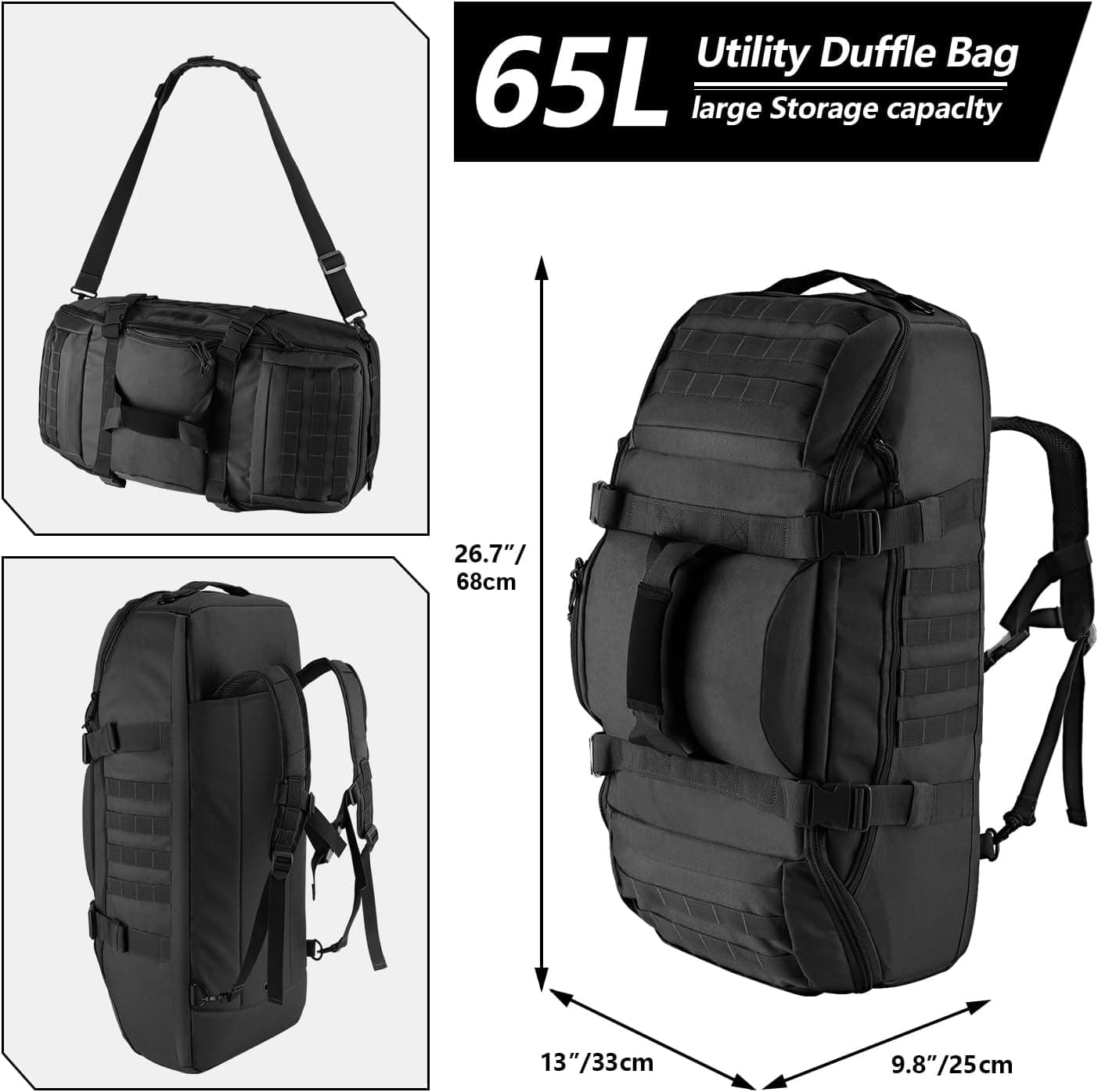 ساک دافل بزرگ 65L سهکاره Hannibal Tactical با کولهپشتی MOLLE مشکی ساک دافل بزرگ 65L سهکاره Hannibal Tactical با کولهپشتی MOLLE مشکی