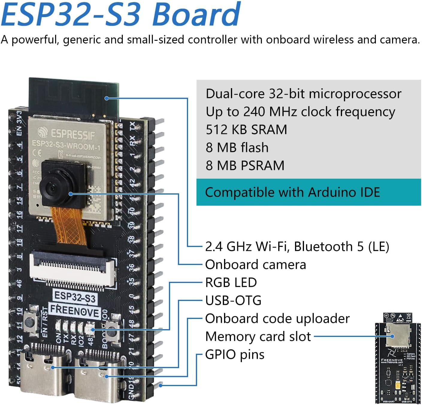 برد توسعه FREENOVE با دوربین داخلی و بیسیم مدل ESP32-S3-WROOM CAM برد توسعه FREENOVE با دوربین داخلی و بیسیم مدل ESP32-S3-WROOM CAM