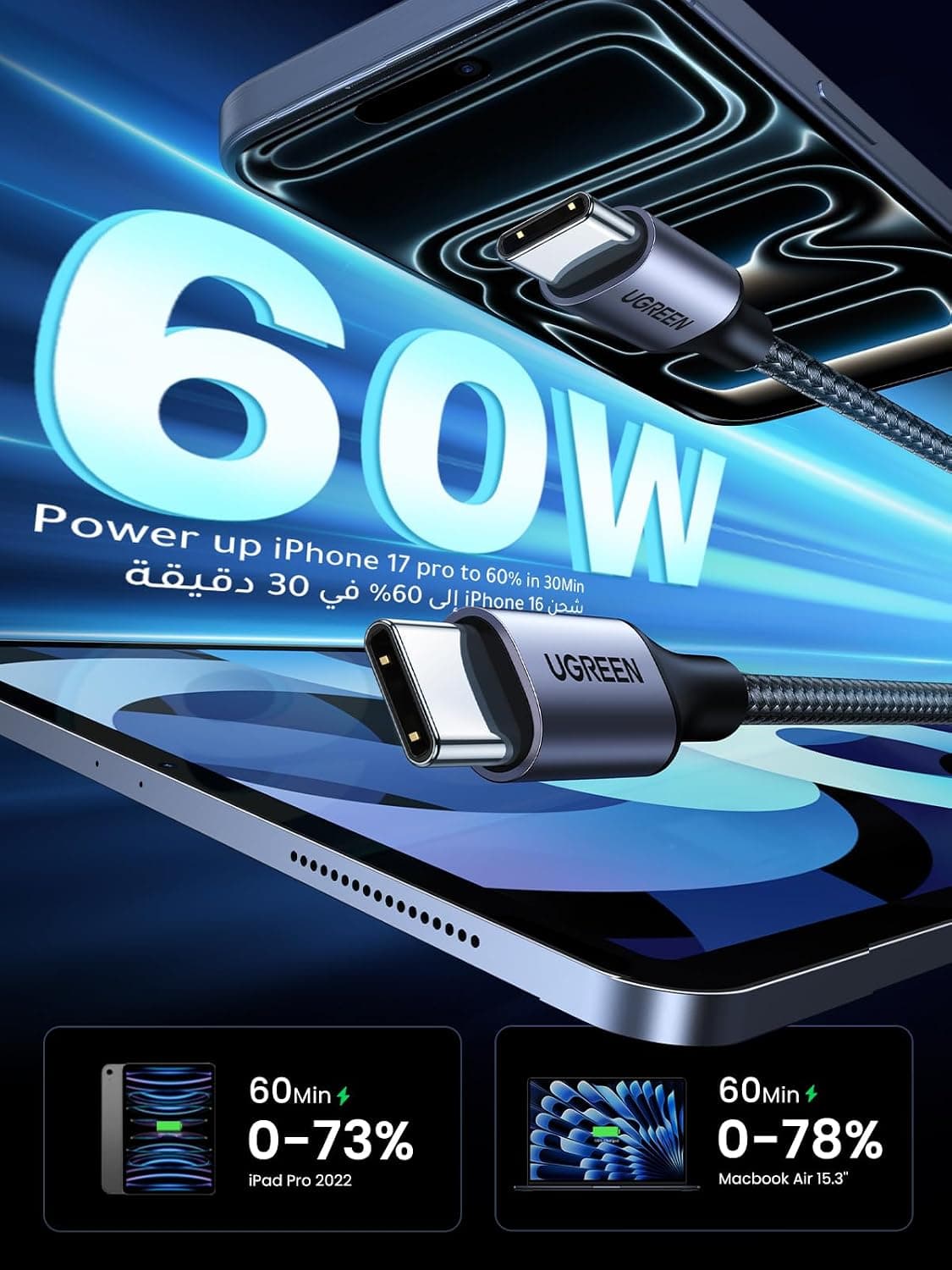 کابل Type C UGREEN شارژ سریع 60W سازگار با لپتاپ 1M کابل Type C UGREEN شارژ سریع 60W سازگار با لپتاپ 1M