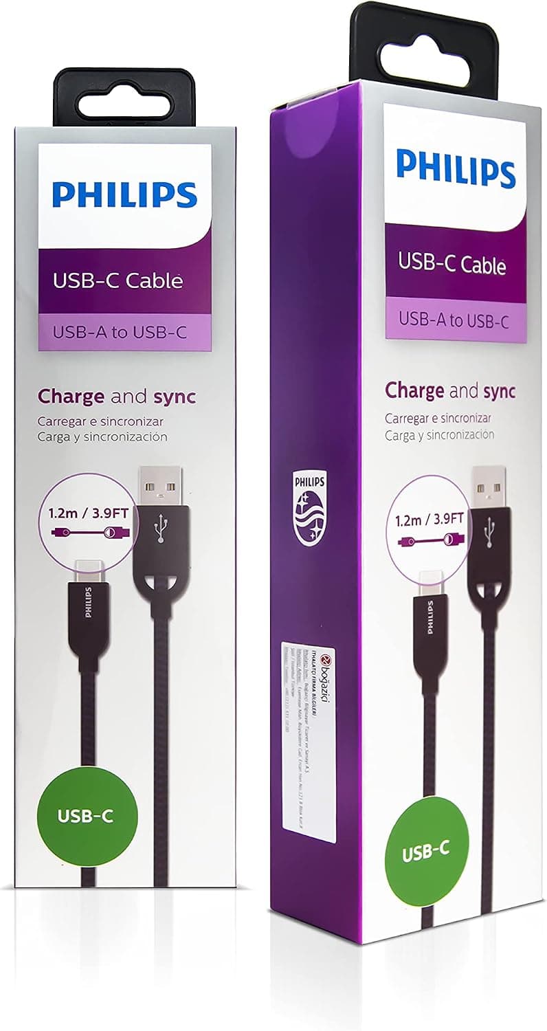 کابل شارژ USB-C مردانه PHILIPS بافته سیاه 1.2 متری مدل DLC2628B کابل شارژ USB-C مردانه PHILIPS بافته سیاه 1.2 متری مدل DLC2628B