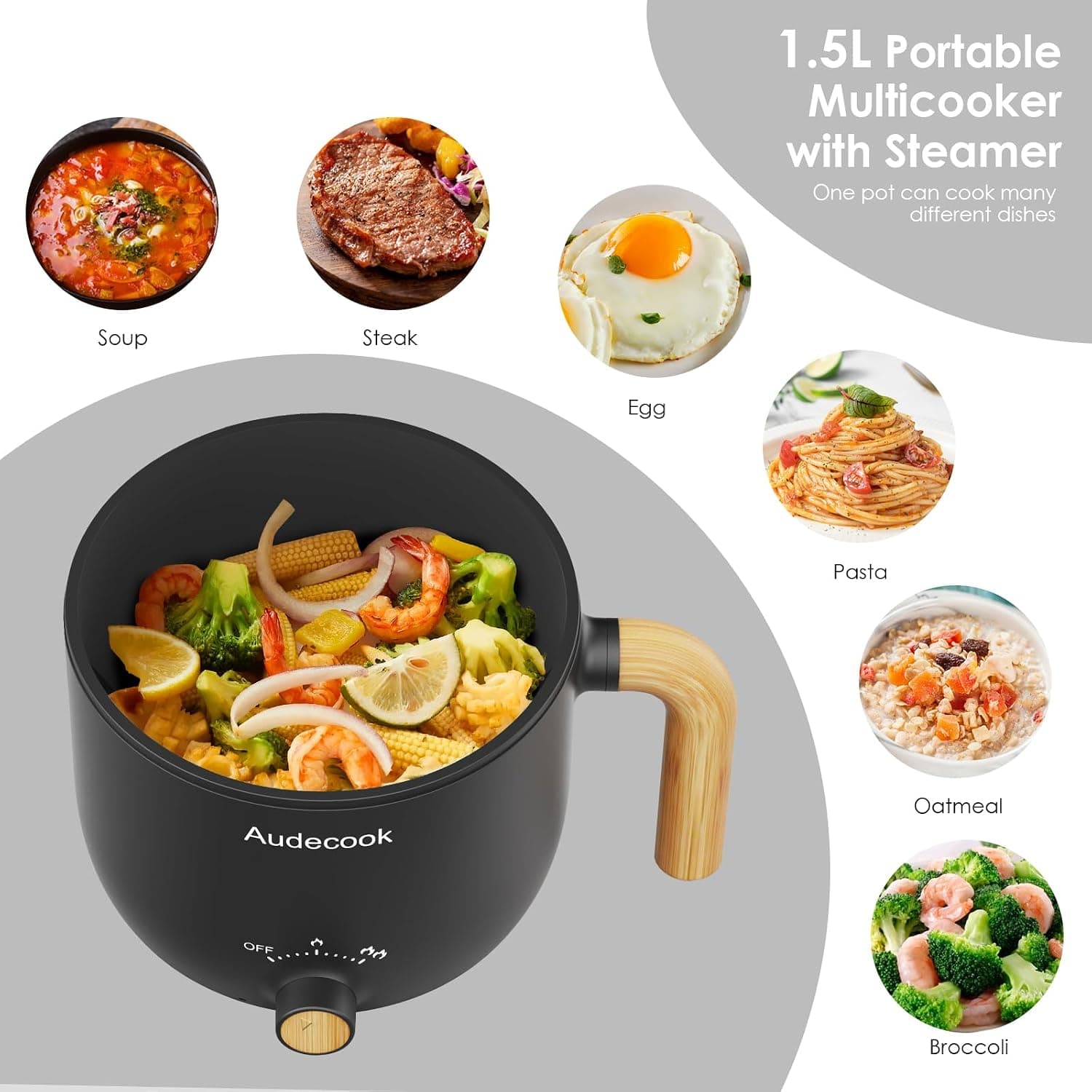 قابلمه برقی Audecook با بخارپز 1.5L قابل حمل نچسب مشکی قابلمه برقی Audecook با بخارپز 1.5L قابل حمل نچسب مشکی