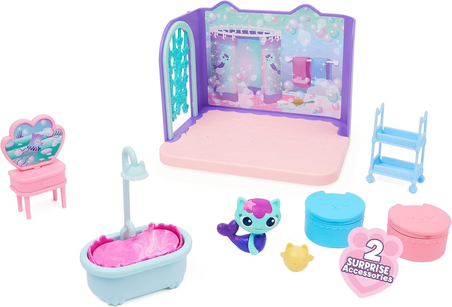 ست حمام اسباببازی کودکان DREAMWORKS GABBY'S DOLLHOUSE با فیگور MerCat، 3 لوازم جانبی، 3 مبلمان و 2 بسته تحویلی، چندرنگ ست حمام اسباببازی کودکان DREAMWORKS GABBY'S DOLLHOUSE با فیگور MerCat، 3 لوازم جانبی، 3 مبلمان و 2 بسته تحویلی، چندرنگ