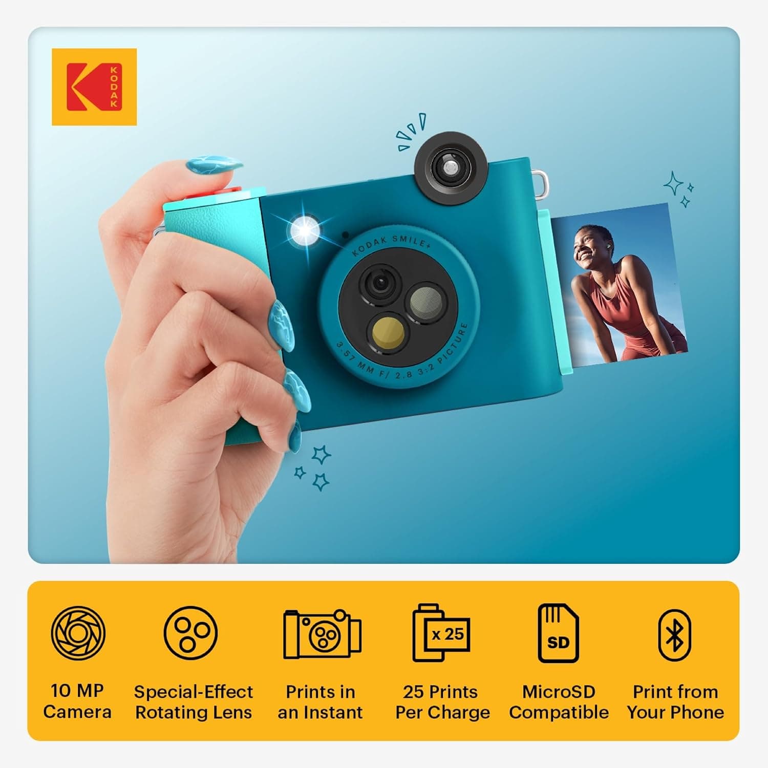 دوربین چاپ فوری دیجیتال KODAK Smile+ دوکاره با لنز تغییر افکت و فناوری چاپ Zink، عکسهای چسبدار 2x3، آبی دوربین چاپ فوری دیجیتال KODAK Smile+ دوکاره با لنز تغییر افکت و فناوری چاپ Zink، عکسهای چسبدار 2x3، آبی