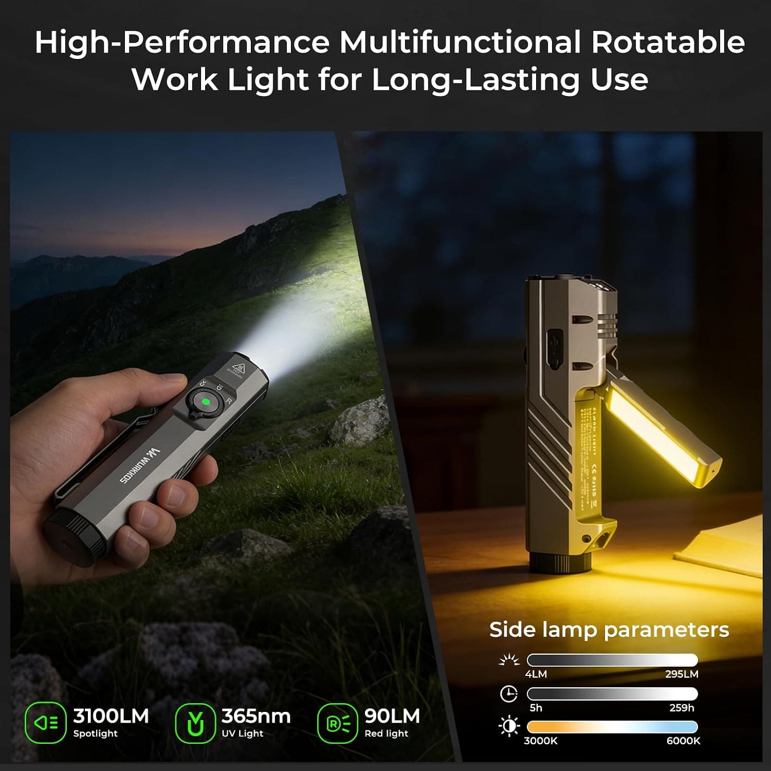چراغ قوه EDC تخت Wurkkos چهارکاره شارژی 3100 لومن با نور UV و قرمز مدل HD05 چراغ قوه EDC تخت Wurkkos چهارکاره شارژی 3100 لومن با نور UV و قرمز مدل HD05