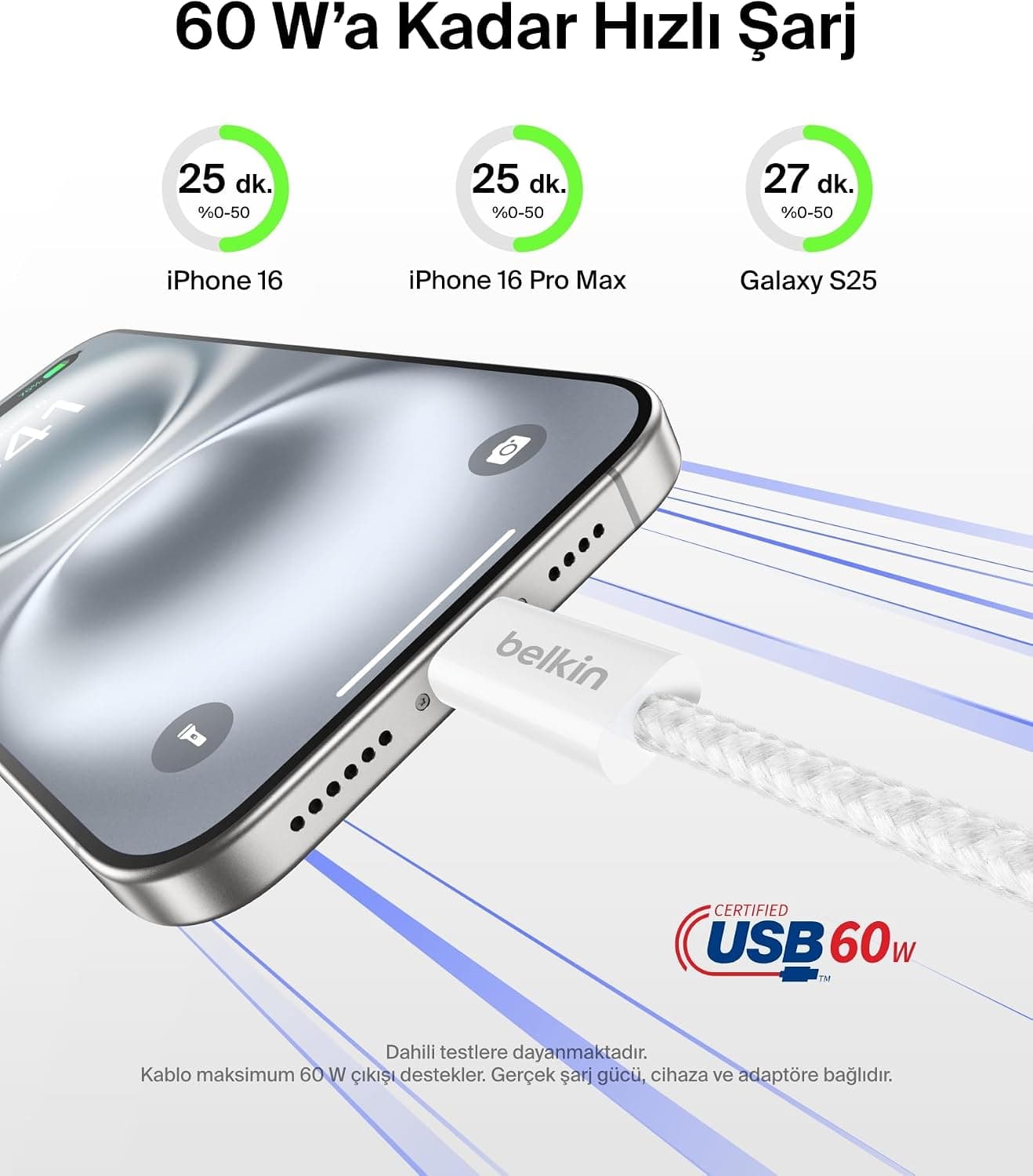 کابل شارژ USB-C به USB-C دوعددی Belkin با روکش بافتهشده، سفید، 1,5 m، 60 W کابل شارژ USB-C به USB-C دوعددی Belkin با روکش بافتهشده، سفید، 1,5 m، 60 W
