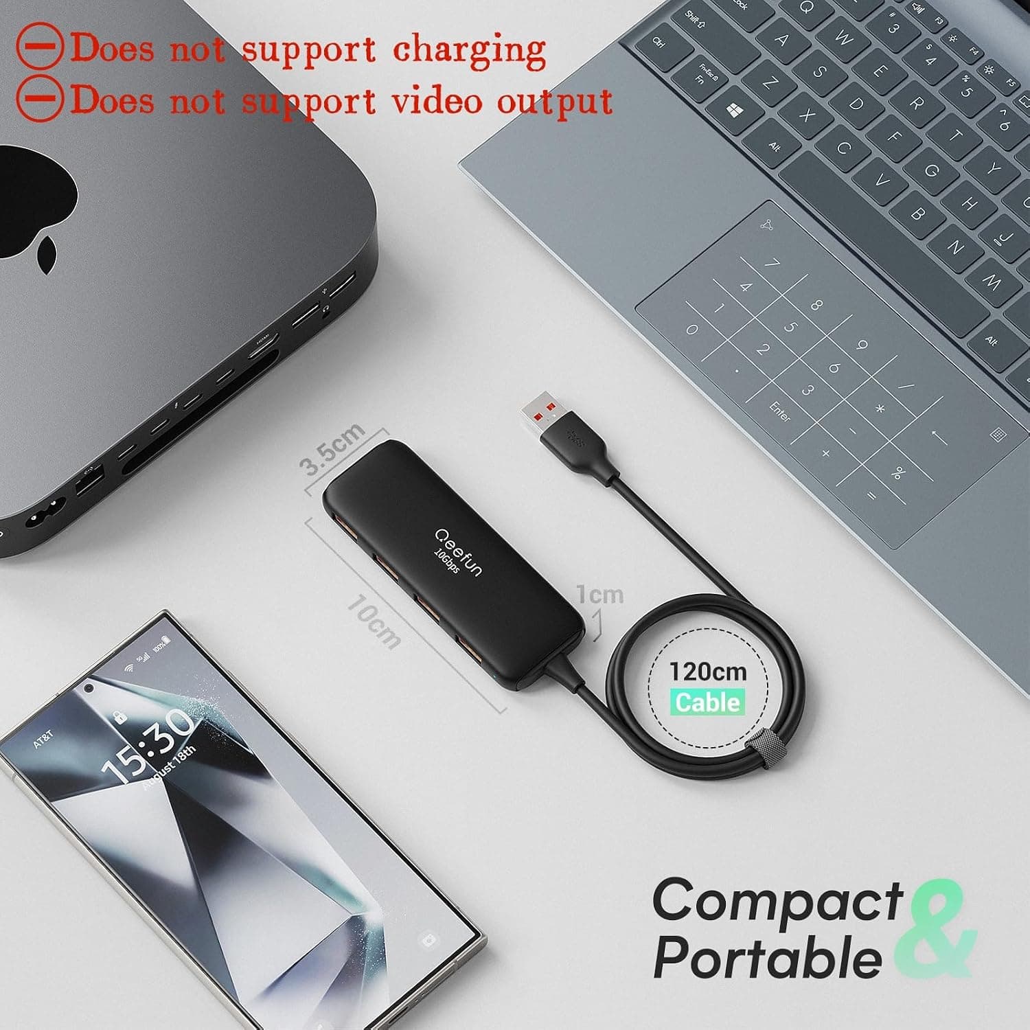 هاب USB Q QEEFUN با ۴ پورت داده USB-A، سرعت 10Gbps و کابل 4ft هاب USB Q QEEFUN با ۴ پورت داده USB-A، سرعت 10Gbps و کابل 4ft