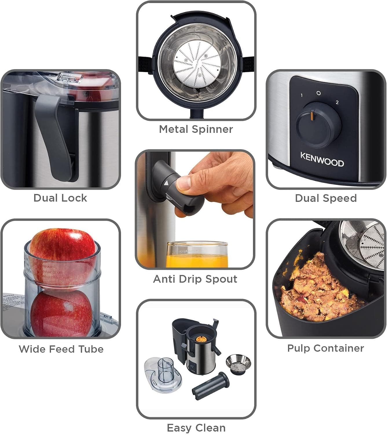 آبمیوهگیری Kenwood 700W استیل با لوله ورودی 75mm مدل JEM50.000BS نقرهای مشکی آبمیوهگیری Kenwood 700W استیل با لوله ورودی 75mm مدل JEM50.000BS نقرهای مشکی