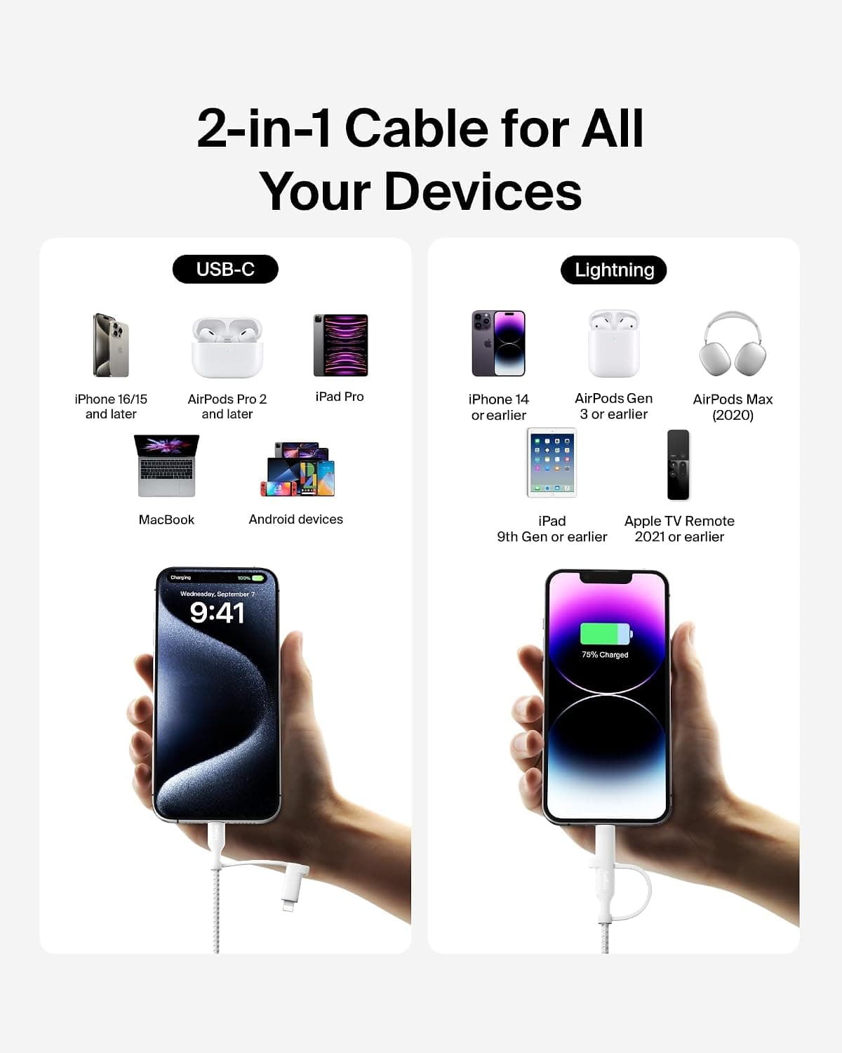 کابل شارژ ۲ در ۱ Belkin با USB-C و Lightning بافتهشده سفید کابل شارژ ۲ در ۱ Belkin با USB-C و Lightning بافتهشده سفید