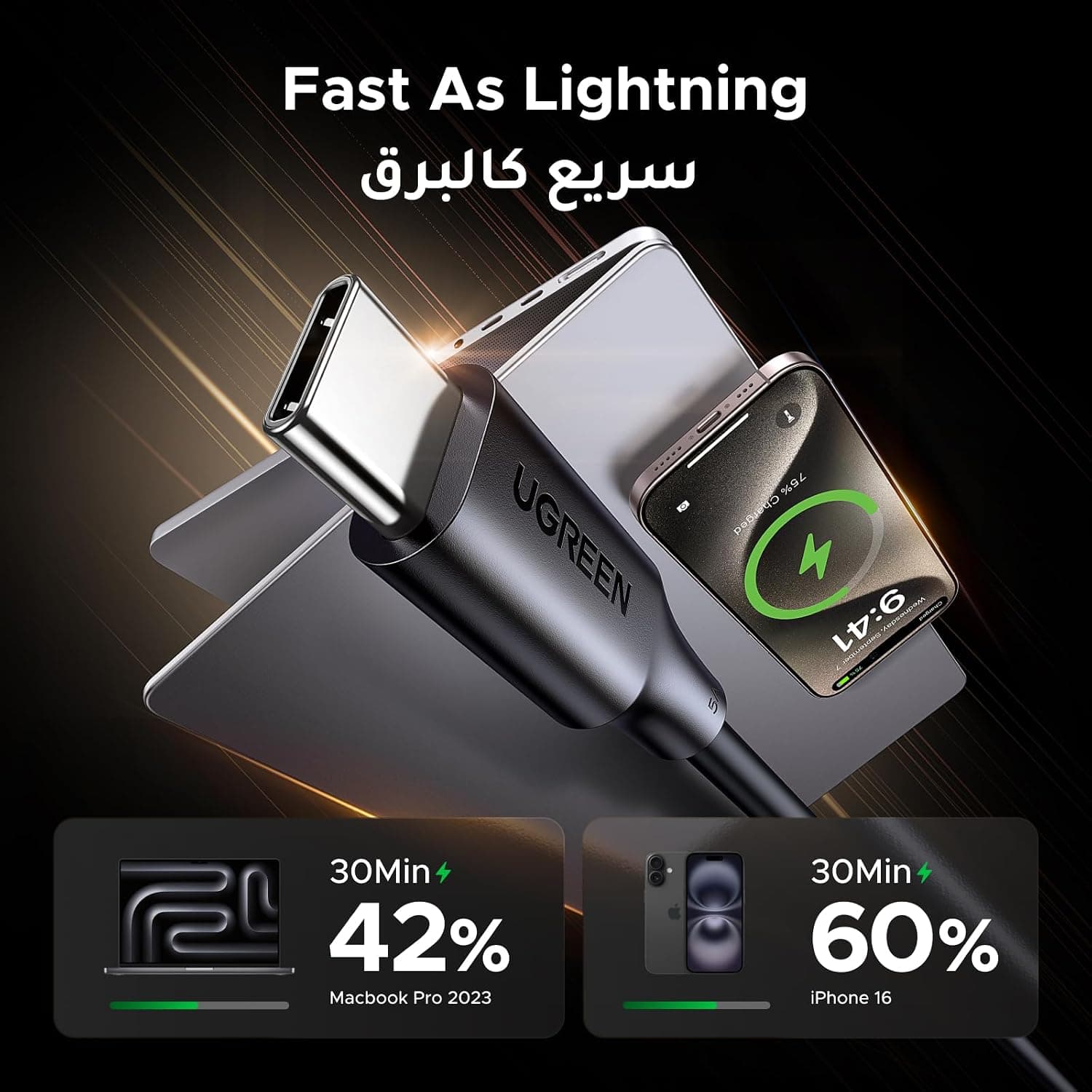 کابل Type C UGREEN شارژ سریع 100W 1M کابل Type C UGREEN شارژ سریع 100W 1M
