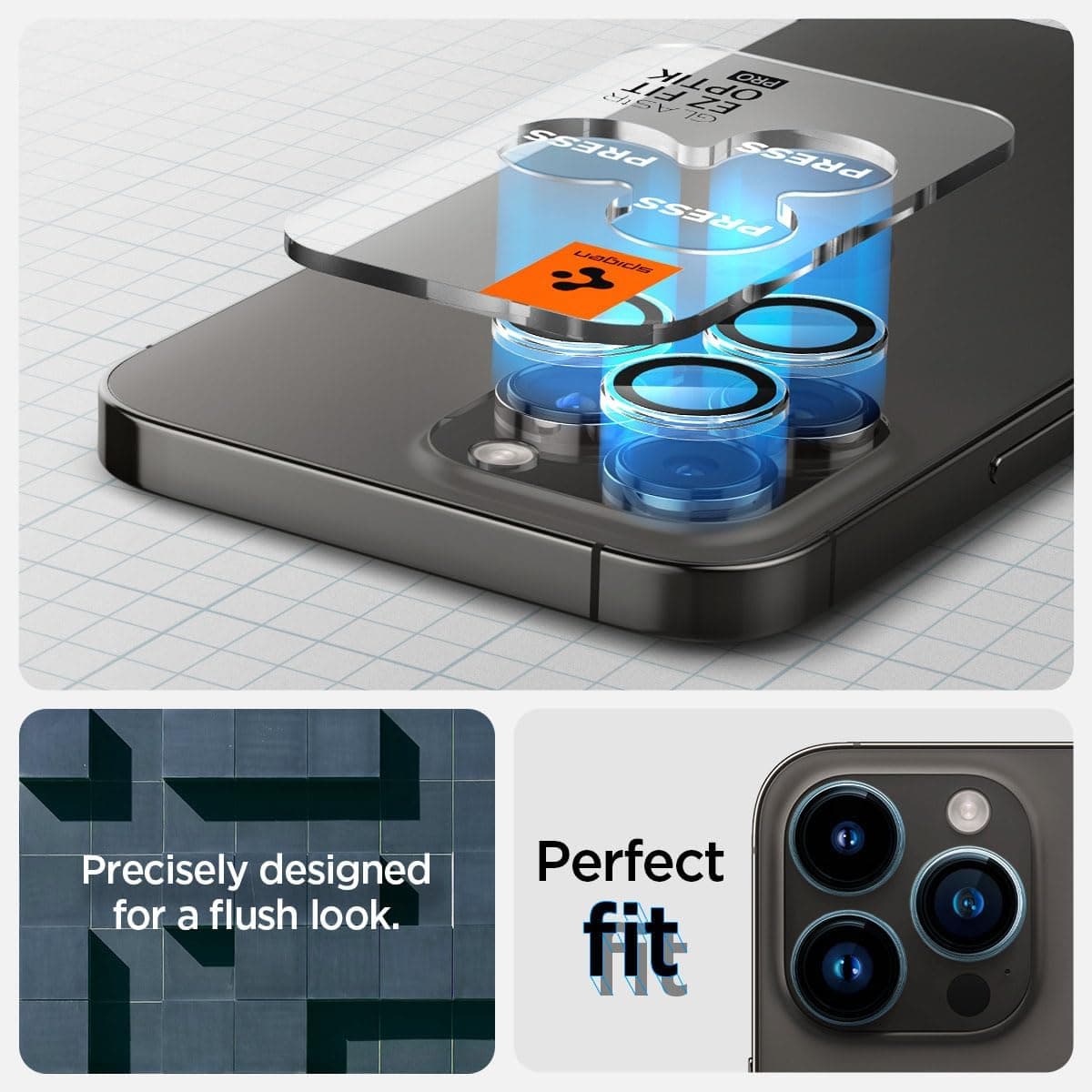 محافظ لنز دوربین Spigen آیفون 15/16/17 Pro Max Glas.tR EZ Fit Optik Pro مدل AGL06914 محافظ لنز دوربین Spigen آیفون 15/16/17 Pro Max Glas.tR EZ Fit Optik Pro مدل AGL06914