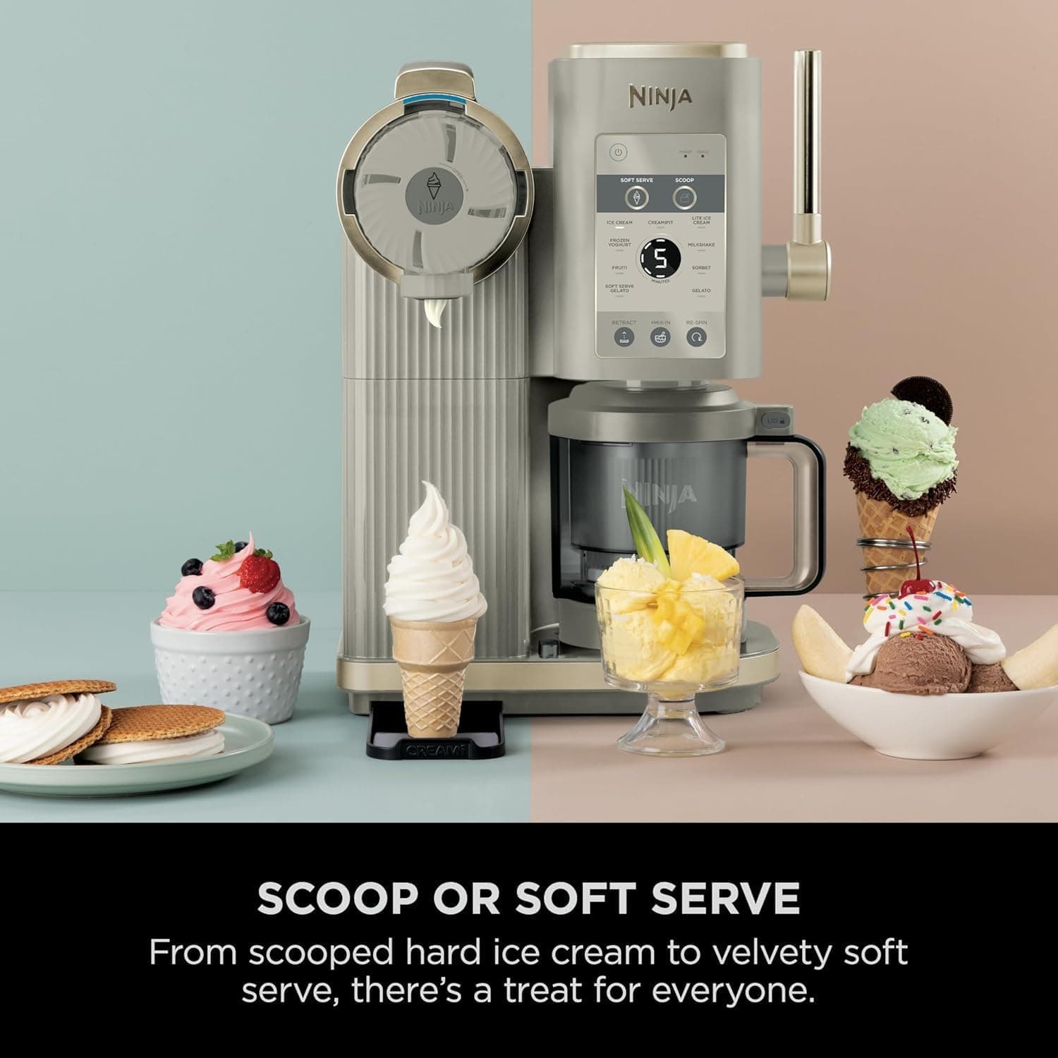 دستگاه بستنیساز NINJA CREAMi Scoop and Swirl دو ظرف ۱۳ عملکرد رنگ طلایی سنگی مدل NC701UKSTGD دستگاه بستنیساز NINJA CREAMi Scoop and Swirl دو ظرف ۱۳ عملکرد رنگ طلایی سنگی مدل NC701UKSTGD