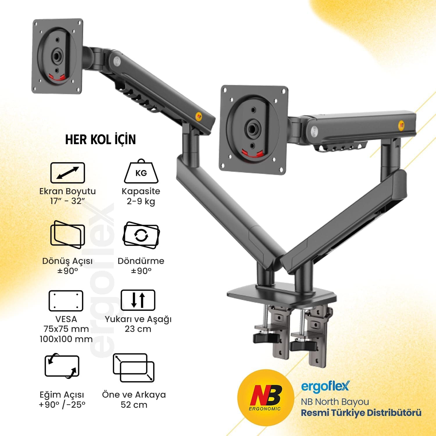 پایه مانیتور دو بازویی ergoflex مدل North Bayou NB A5C مشکی، مناسب 17-32 inch با ظرفیت 2-9 kg پایه مانیتور دو بازویی ergoflex مدل North Bayou NB A5C مشکی، مناسب 17-32 inch با ظرفیت 2-9 kg