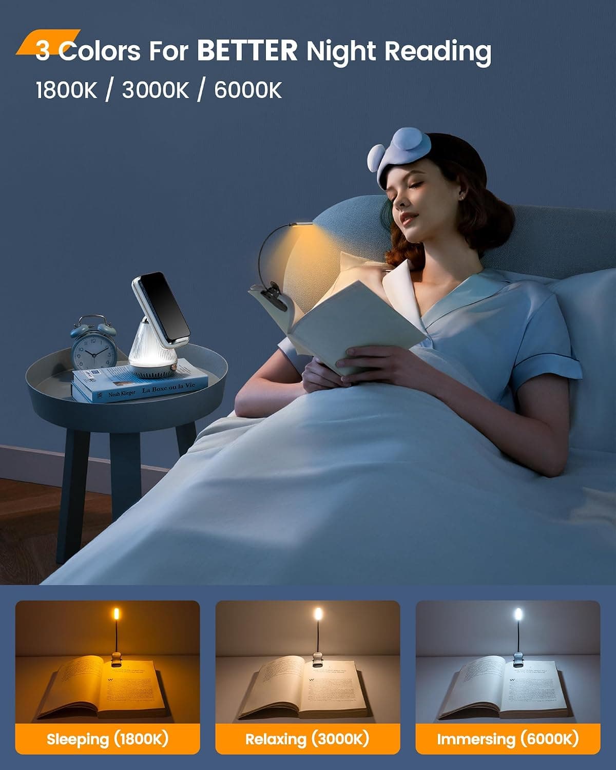 چراغ کتابخوانی گیرهای Glocusent مشکی، 10LED، 3 رنگ نور و 3 سطح روشنایی، شارژی با دوام 80 ساعت چراغ کتابخوانی گیرهای Glocusent مشکی، 10LED، 3 رنگ نور و 3 سطح روشنایی، شارژی با دوام 80 ساعت