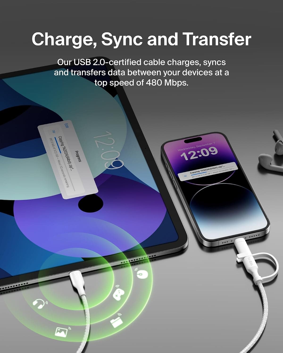 کابل شارژ ۲ در ۱ Belkin با USB-C و Lightning بافتهشده سفید کابل شارژ ۲ در ۱ Belkin با USB-C و Lightning بافتهشده سفید