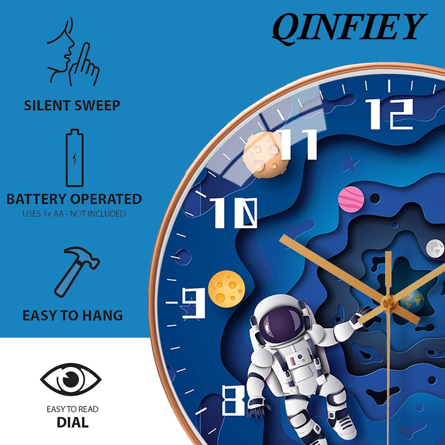 ساعت دیواری پسرانه QINFIEY 12 Inch بیصدا طرح فضایی آبی ساعت دیواری پسرانه QINFIEY 12 Inch بیصدا طرح فضایی آبی