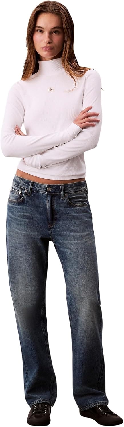 تیشرت زنانه Calvin Klein آستین بلند یقه اسکی با لیبل بافته تیشرت زنانه Calvin Klein آستین بلند یقه اسکی با لیبل بافته