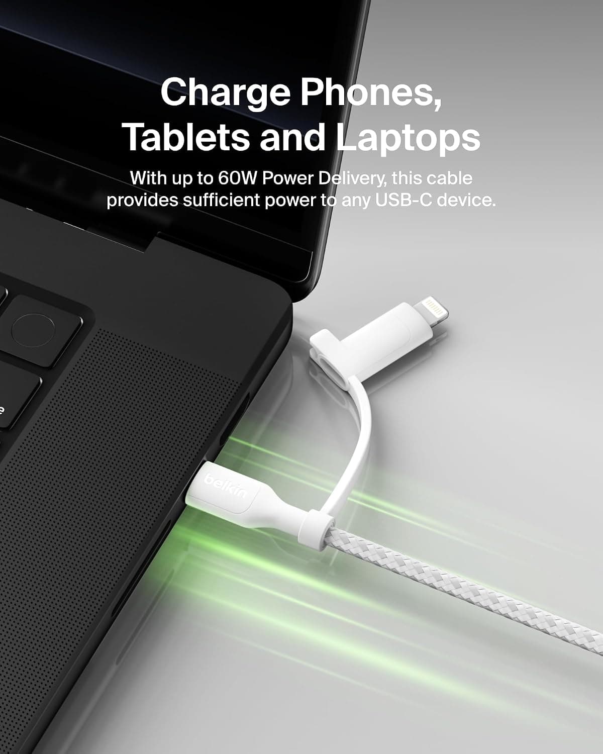 کابل شارژ ۲ در ۱ Belkin با USB-C و Lightning بافتهشده سفید کابل شارژ ۲ در ۱ Belkin با USB-C و Lightning بافتهشده سفید