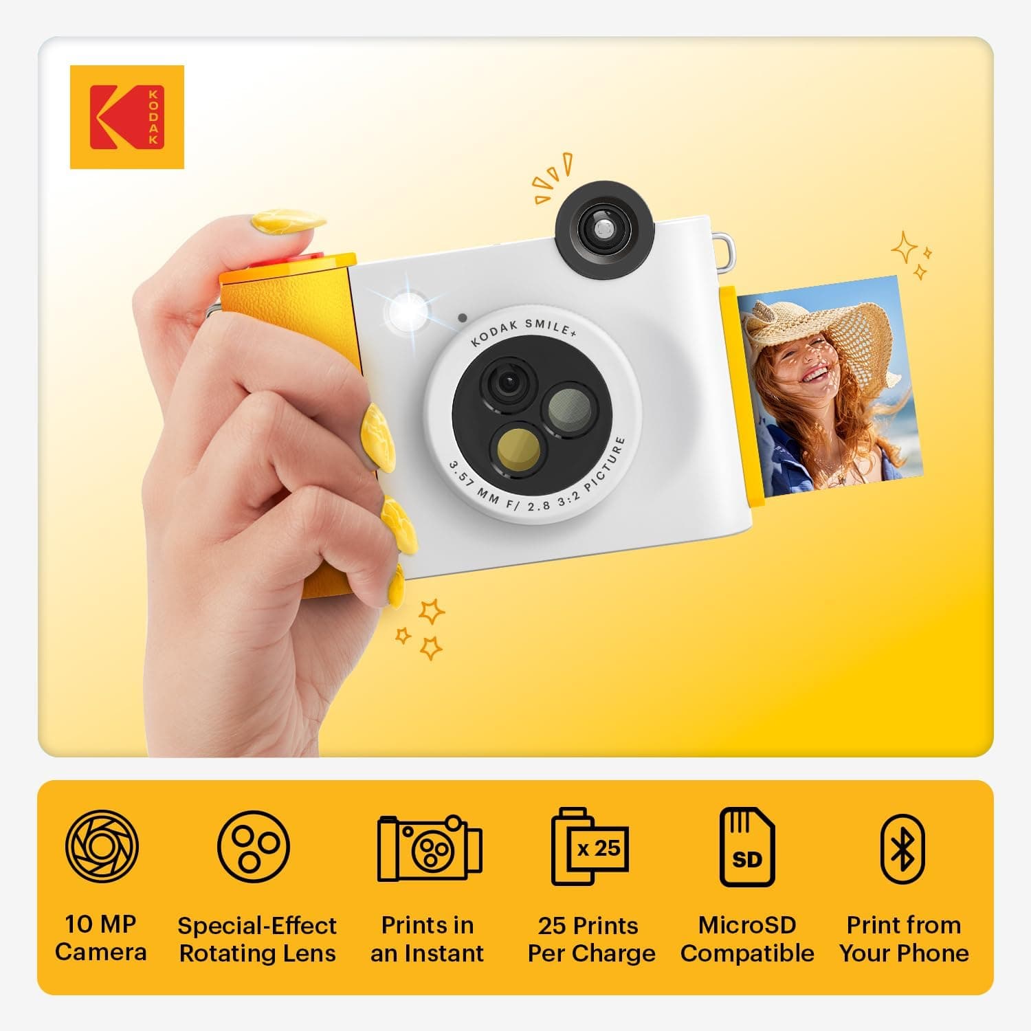 دوربین چاپ سریع و چاپگر عکس هوشمند KODAK Smile+ با اتصال بیسیم، لنز فیلتر تغییررنگدهنده، چاپهای چسبدار Zink 2x3، سفید دوربین چاپ سریع و چاپگر عکس هوشمند KODAK Smile+ با اتصال بیسیم، لنز فیلتر تغییررنگدهنده، چاپهای چسبدار Zink 2x3، سفید