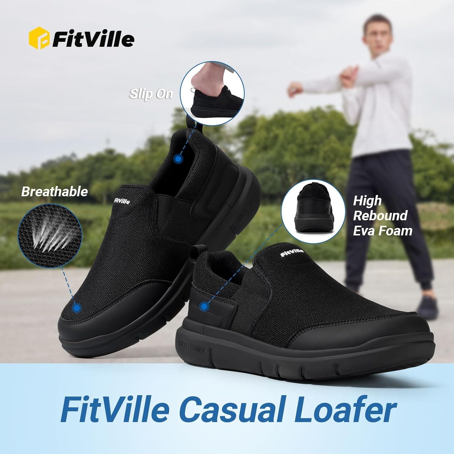 کفش پیادهروی مردانه FitVille بدونبند با پنجه بسیار پهن، سبک و ضدلغزش کفش پیادهروی مردانه FitVille بدونبند با پنجه بسیار پهن، سبک و ضدلغزش