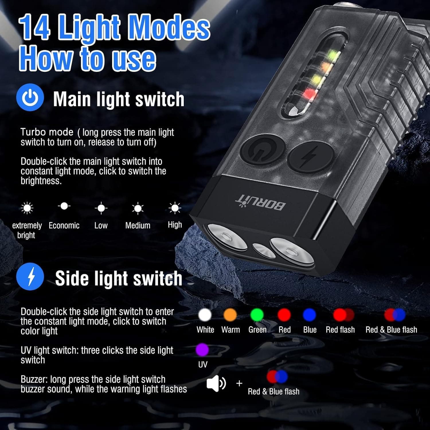 چراغقوه LED جاکلیدی BORUIT مدل V10 با آهنربا، 1000LM، UV 365NM، 14 حالته ضدآب IPX4 USB C چراغقوه LED جاکلیدی BORUIT مدل V10 با آهنربا، 1000LM، UV 365NM، 14 حالته ضدآب IPX4 USB C