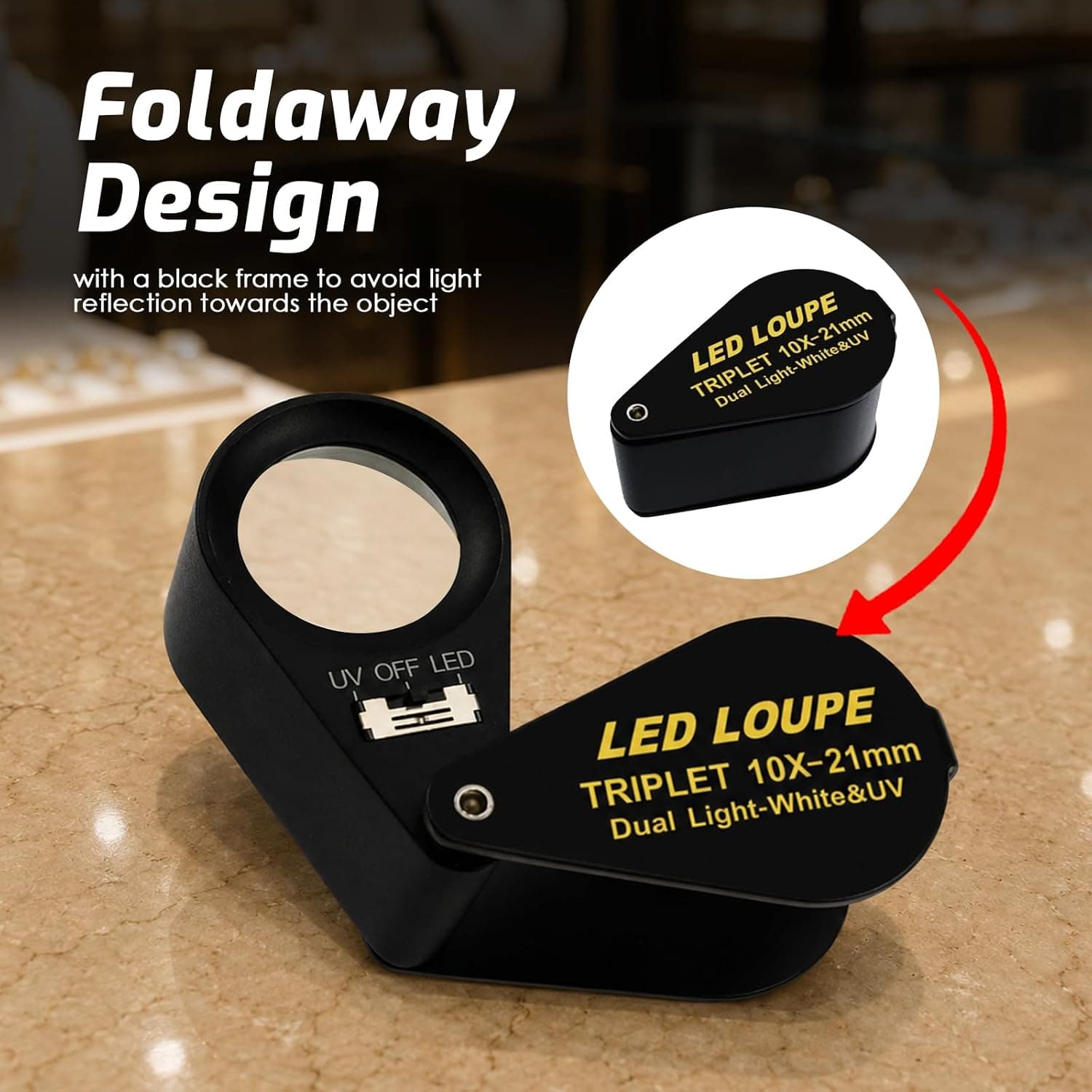 ذرهبین جواهرشناسی تاشو GAIN EXPRESS با نور 6 LED و UV مدل Hastings Triplet Loupe 10X ذرهبین جواهرشناسی تاشو GAIN EXPRESS با نور 6 LED و UV مدل Hastings Triplet Loupe 10X