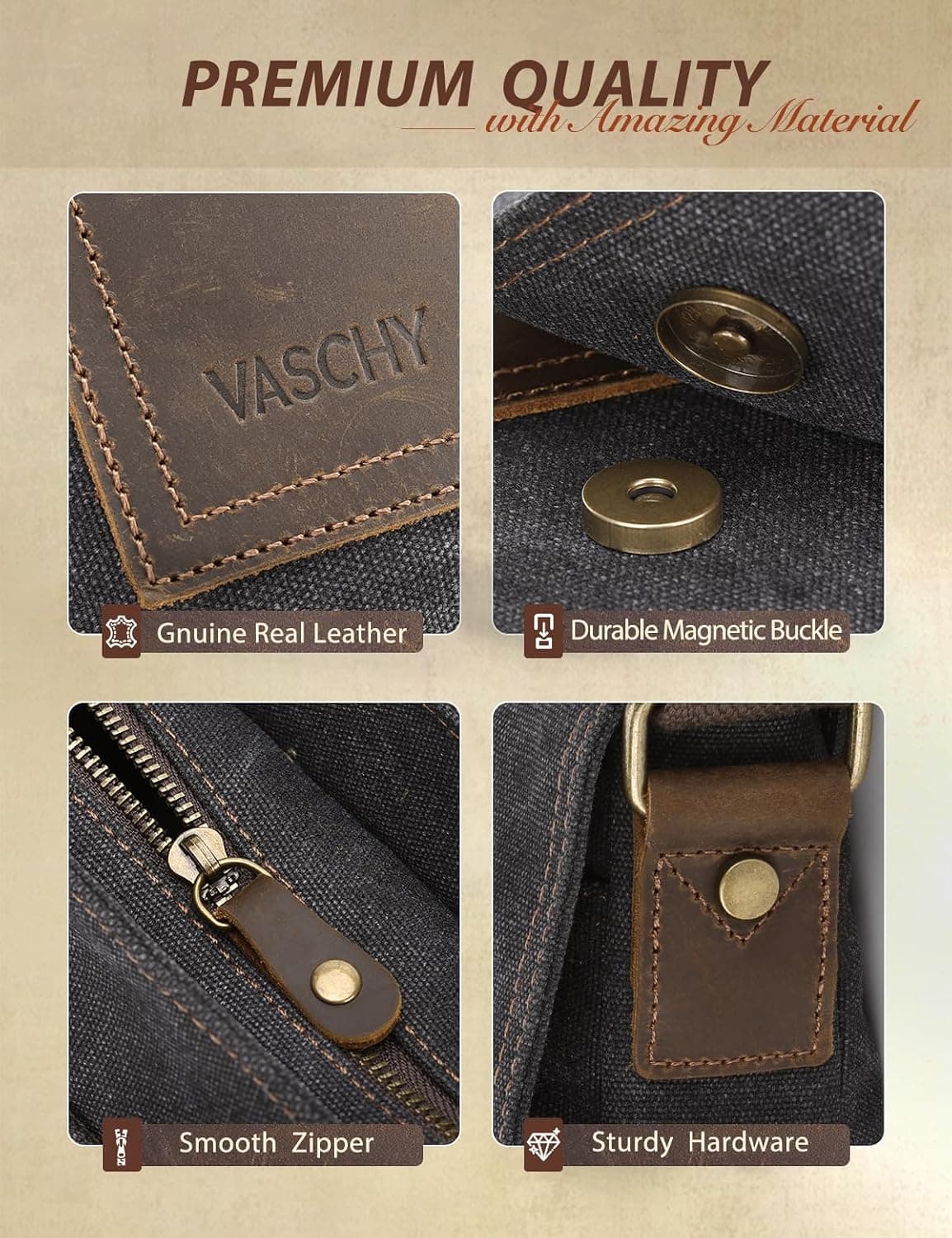 کیف دوشی کوچک VASCHY کژوال کانواس و چرم سبک مدل مسنجر کیف دوشی کوچک VASCHY کژوال کانواس و چرم سبک مدل مسنجر